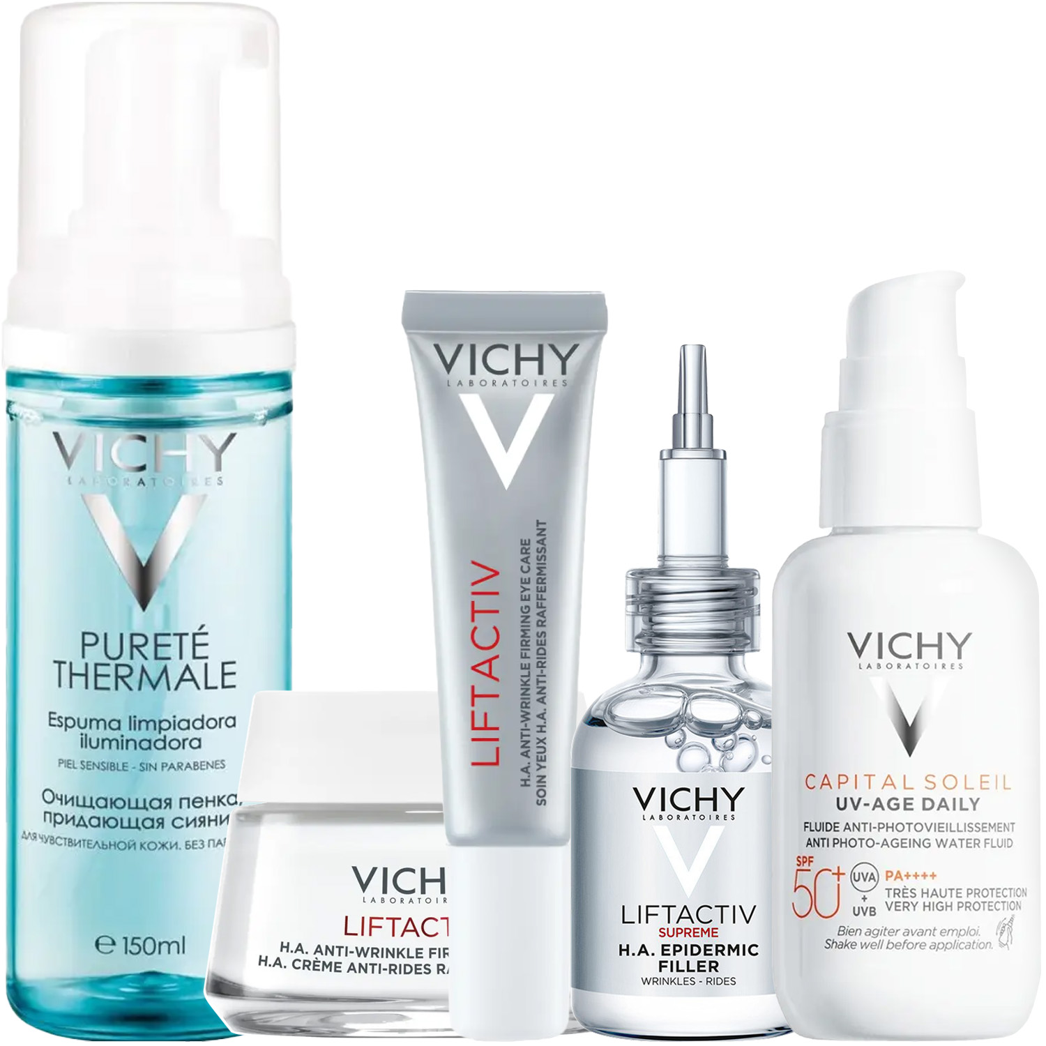 Виши Программа Liftactiv Supreme комплексный уход: пенка 150 мл + крем для сухой кожи 50 мл + крем для век 15 мл + сыворотка 30 мл + флюид SPF50+ 40 мл (Vichy, Liftactiv) фото 2