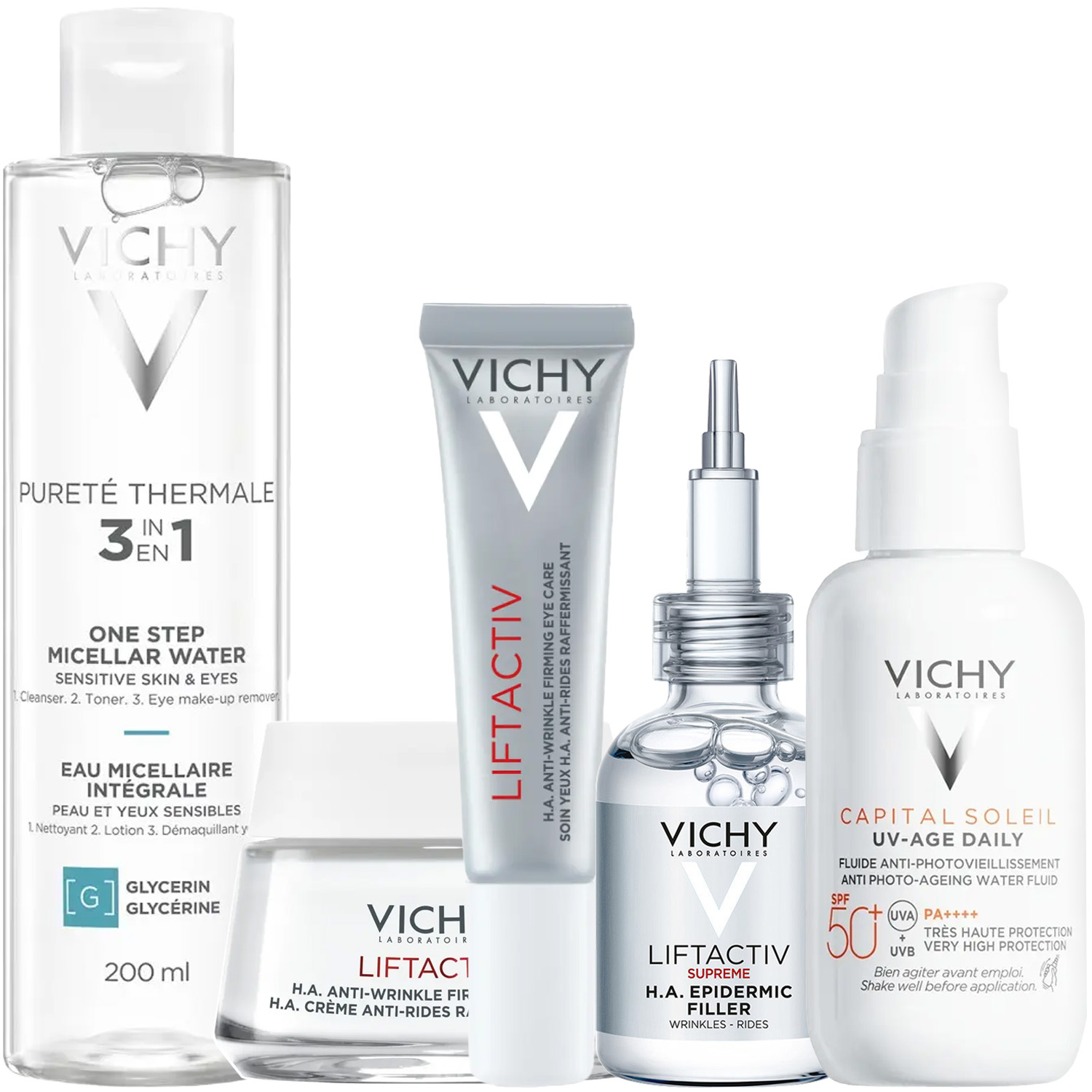 Виши Программа Liftactiv Supreme комплексный уход: мицеллярная вода 200 мл + крем для сухой кожи 50 мл + крем для век 15 мл + сыворотка 30 мл + флюид SPF50+ 40 мл (Vichy, Liftactiv) фото 2