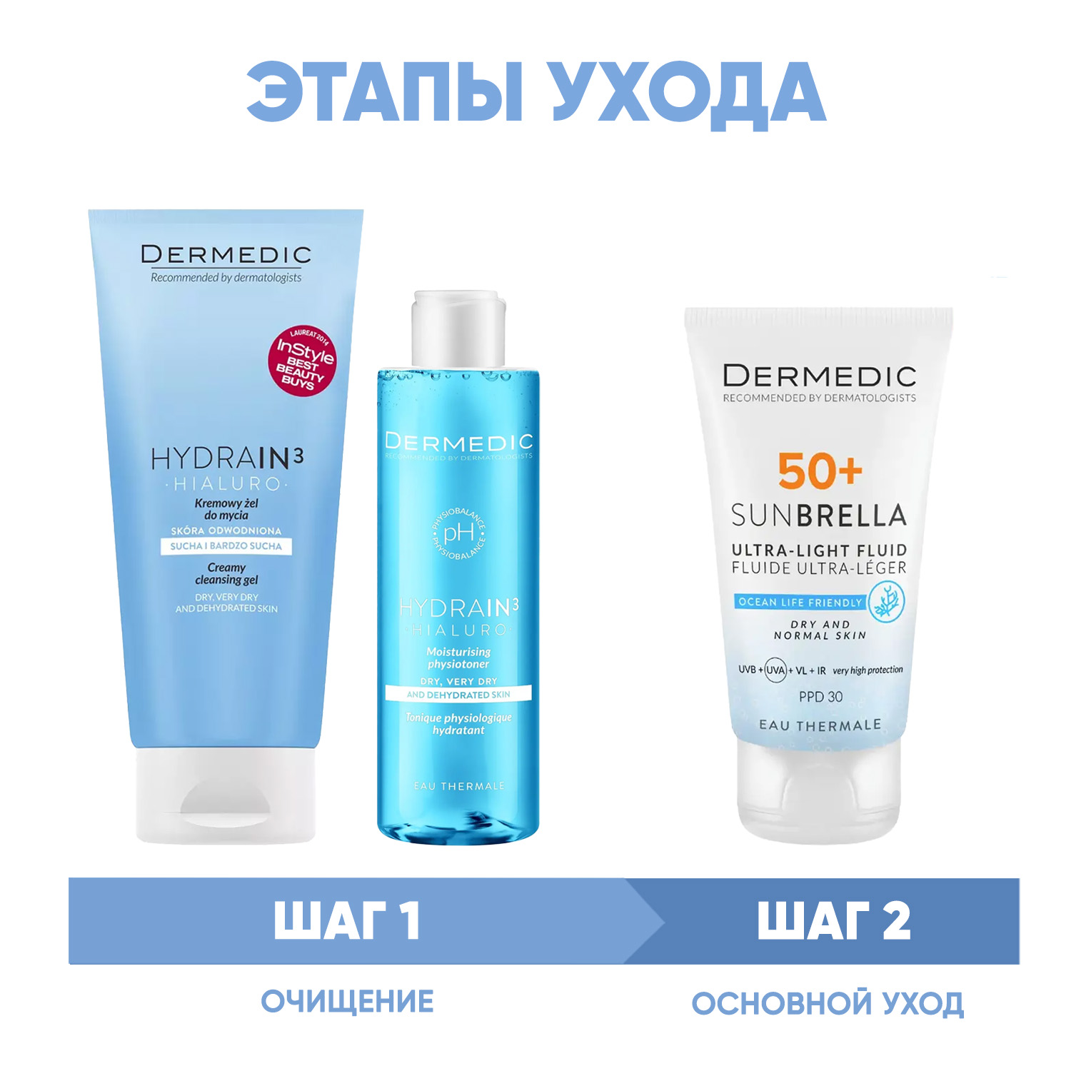 Dermedic Программа Hydrain очищение и основной уход гель 200 мл  тоник 200 мл  флюид SPF50 40 мл. фото