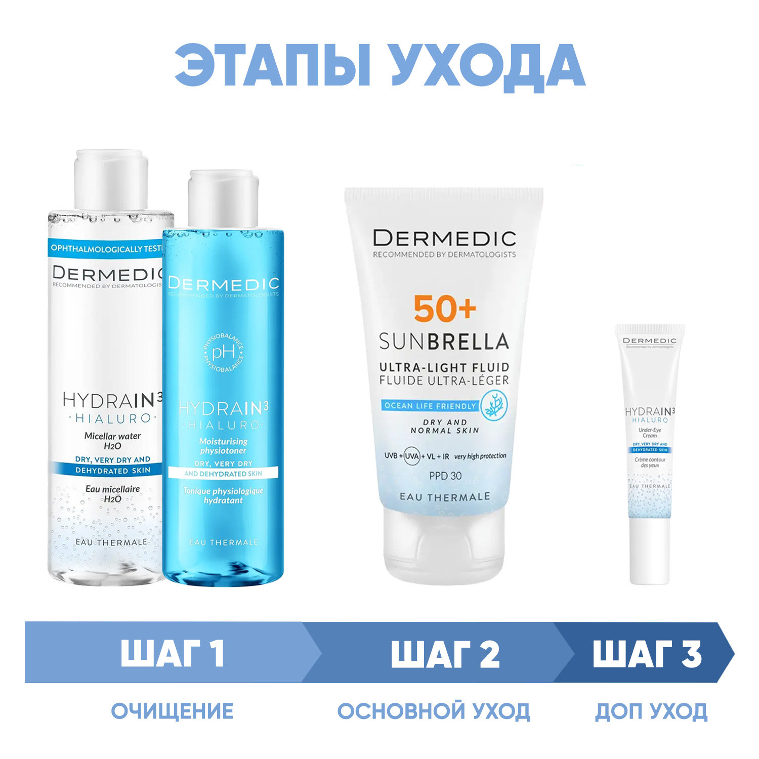 Дермедик Программа Hydrain комплексный уход: мицеллярная вода 200 мл + тоник 200 мл + флюид SPF50+ 40 мл + крем для век 15 мл (Dermedic, Hydrain) Дермедик Программа Hydrain комплексный уход: мицеллярная вода 200 мл + тоник 200 мл + флюид SPF50+ 40 мл + крем для век 15 мл (Dermedic, Hydrain) фото 1