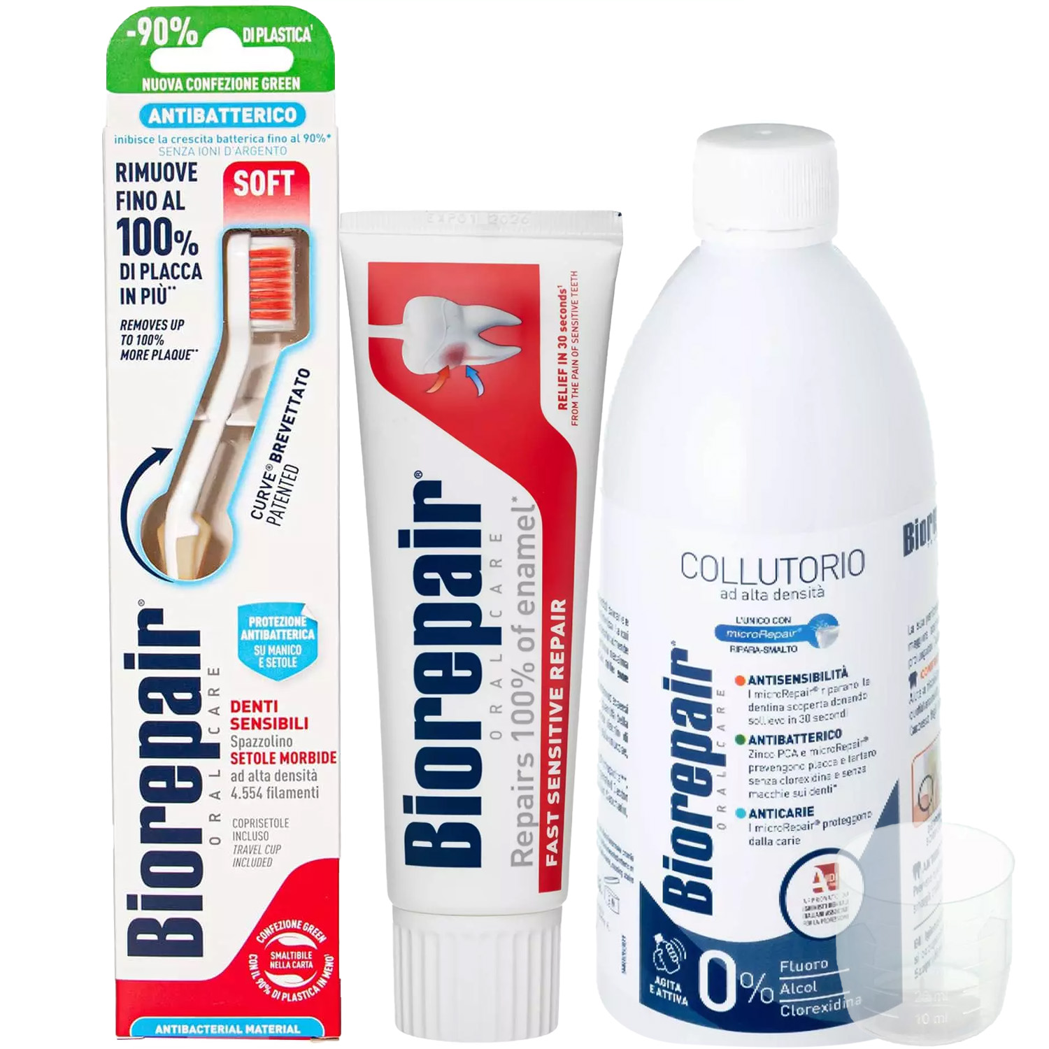 Биорепейр Программа Sensitive комплексный уход: зубная щетка + зубная паста 75 мл + ополаскиватель 500 мл (Biorepair, Чувствительные зубы) фото 2