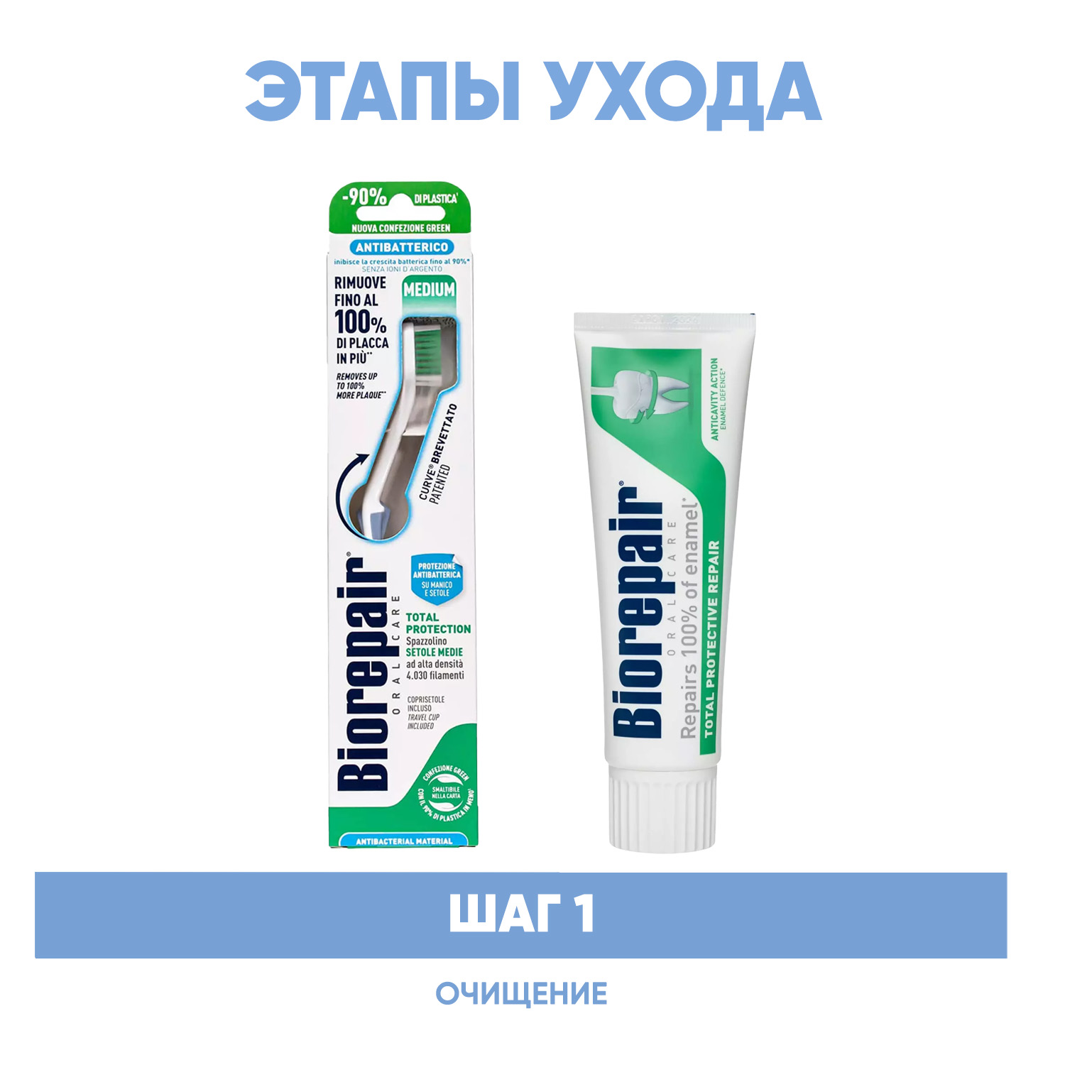 Биорепейр Программа Total Protection очищение: зубная щетка + зубная паста 75 мл (Biorepair, Ежедневная забота) фото 1