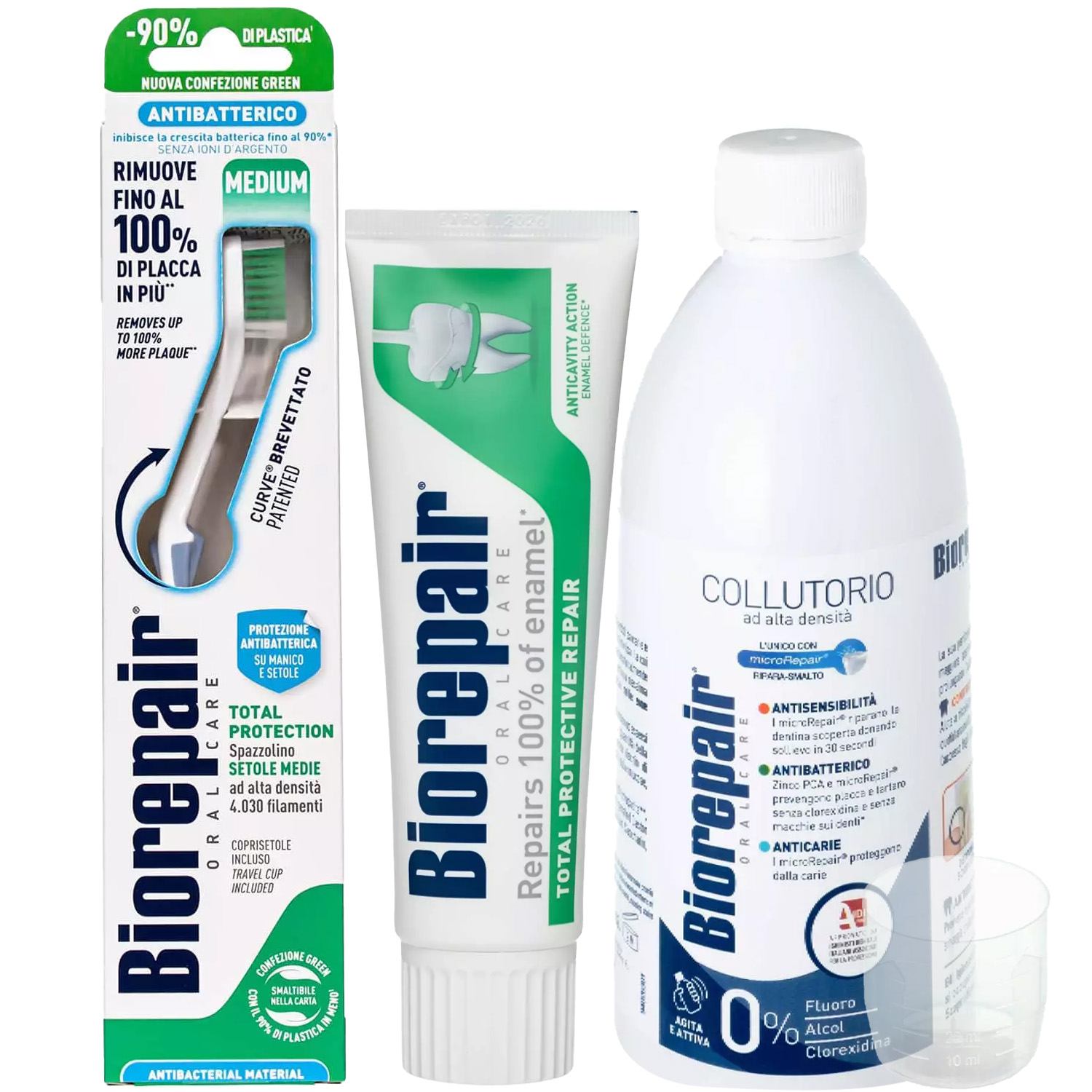 Биорепейр Программа Total Protection комплексный уход: зубная щетка + зубная паста 75 мл + ополаскиватель 500 мл (Biorepair, Ежедневная забота) фото 2