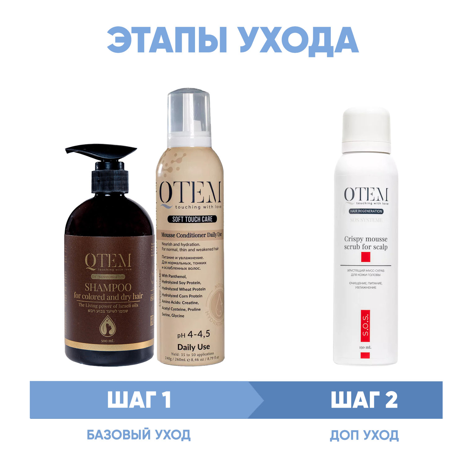 Кьютэм Программа Oil Transformation комплексный уход: шампунь 500 мл + кондиционер 260 мл + скраб 150 мл (Qtem, Oil Transformation) фото 1