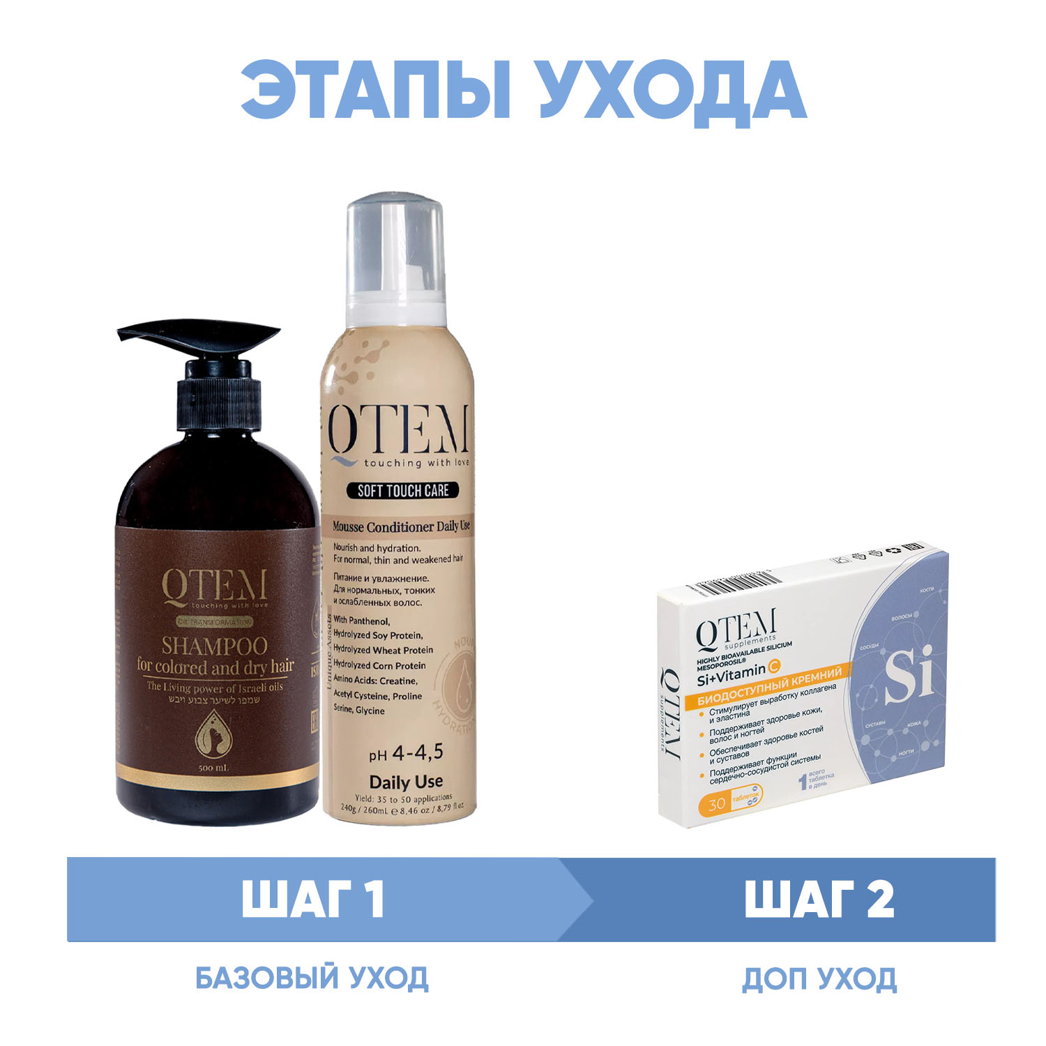 Кьютэм Программа Oil Transformation комплексный уход: шампунь 500 мл + кондиционер 260 мл + кремний 30 таб (Qtem, Oil Transformation) фото 1