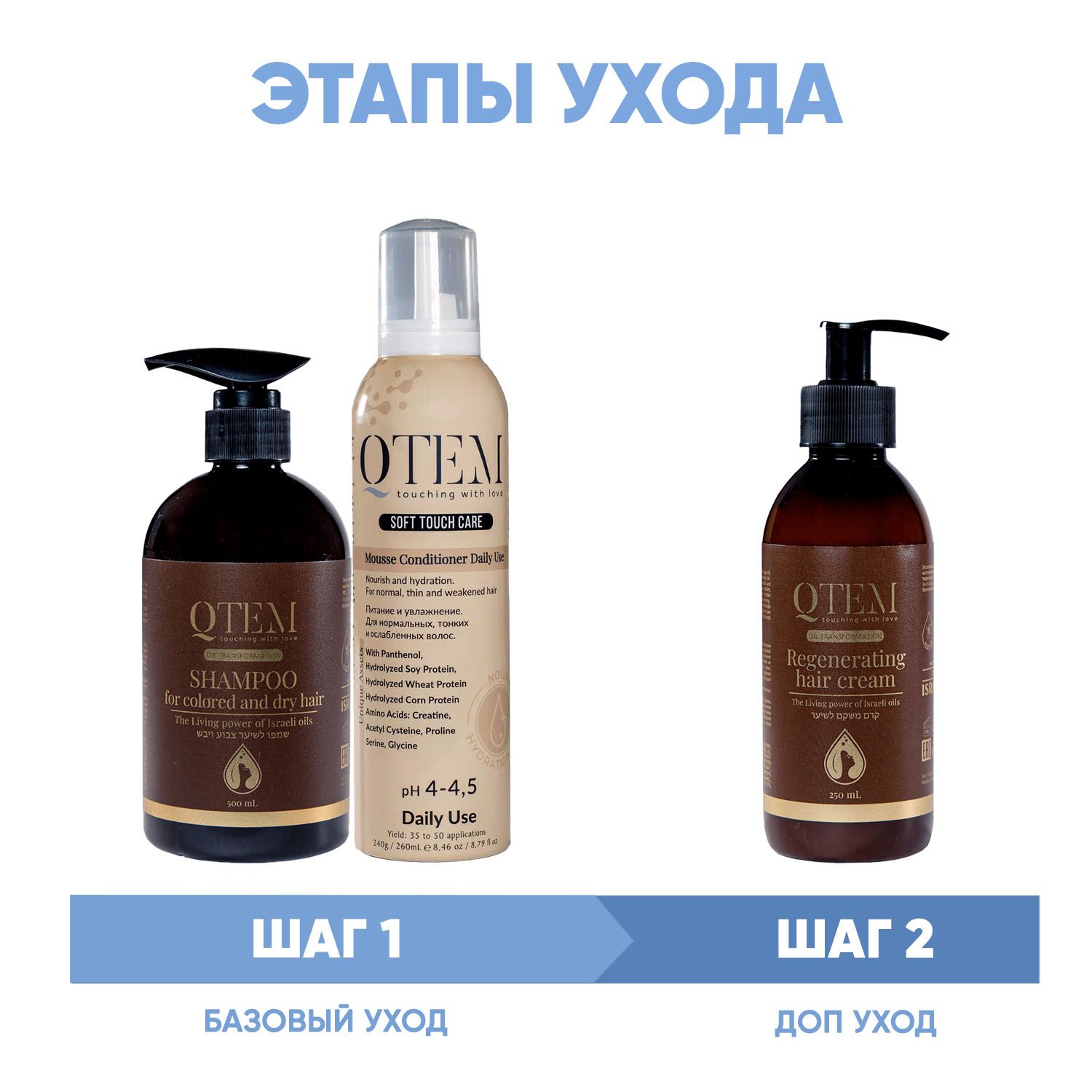 Кьютэм Программа Oil Transformation комплексный уход: шампунь 500 мл + кондиционер 260 мл + крем 250 мл (Qtem, Oil Transformation) фото 1