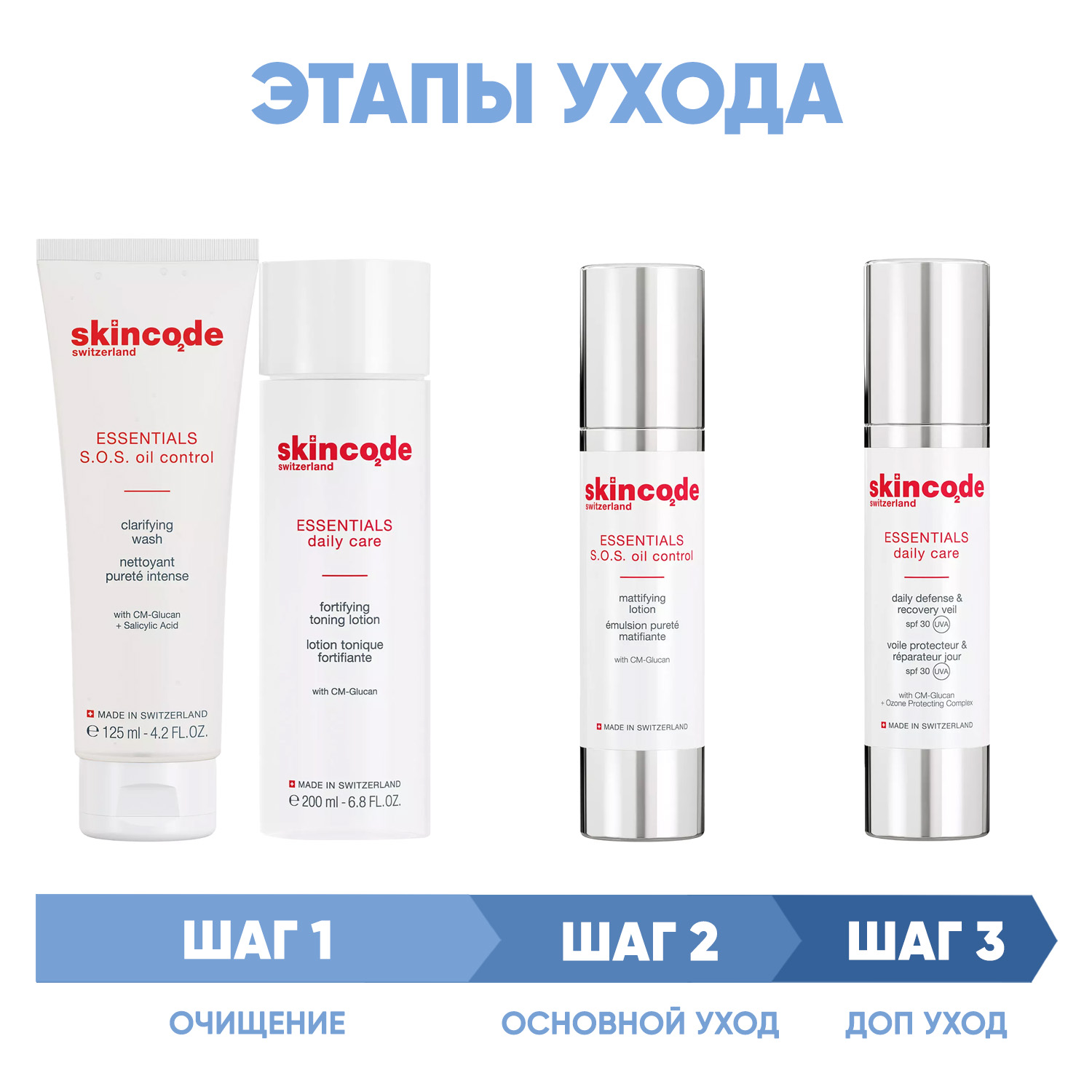 Скинкод Программа S.0.S Oil Control комплексный уход: гель 125 мл + лосьон 200 мл + лосьон mat 50 мл + крем SPF30 50 мл (Skincode, Essentials S.0.S Oil Control) фото 1