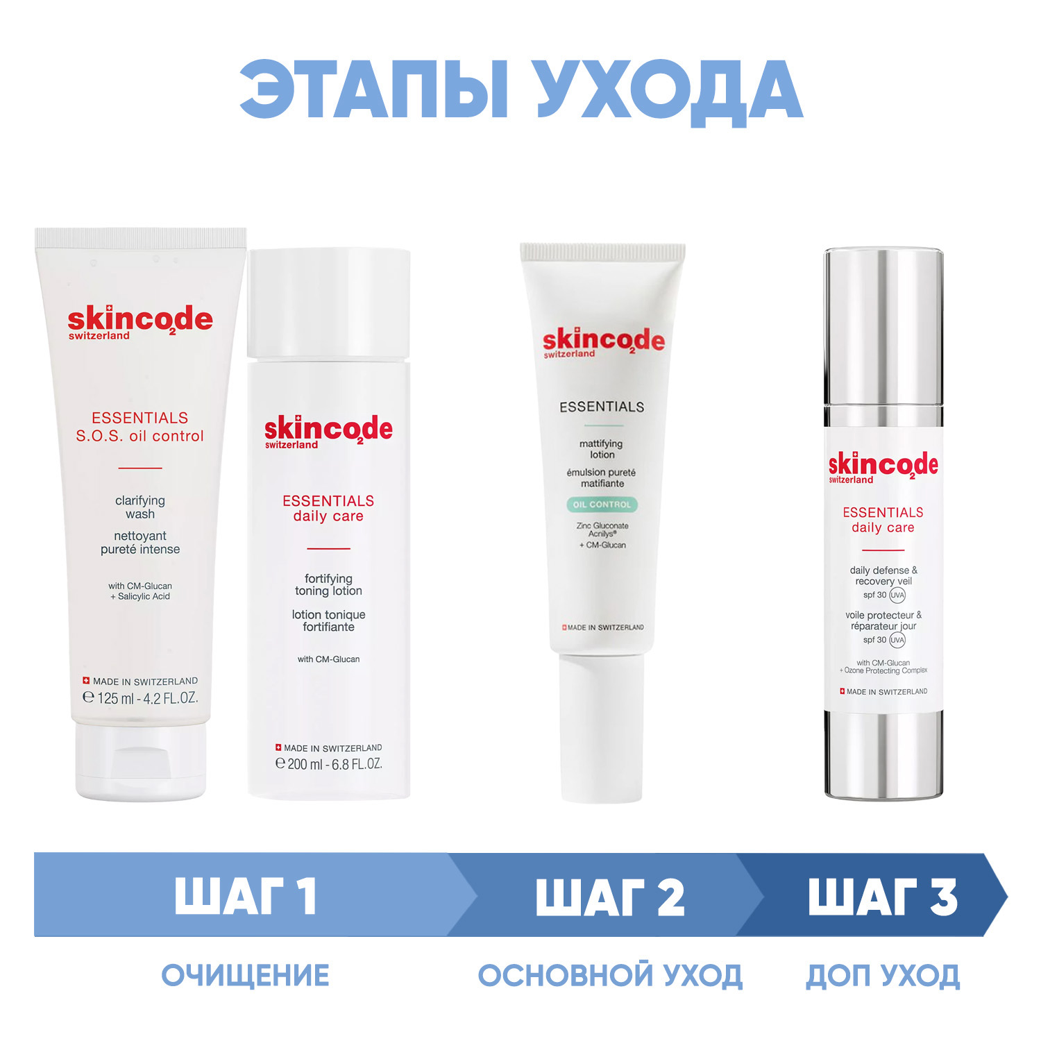 Скинкод Программа S.0.S Oil Control комплексный уход: гель 125 мл + лосьон 200 мл + лосьон mat 50 мл + крем SPF30 50 мл (Skincode, Essentials S.0.S Oil Control) фото 1