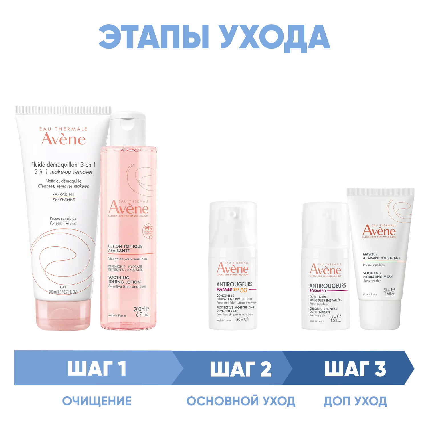 Авен Программа Antirougeurs комплексный уход: флюид 200 мл + тоник 200 мл + концентрат SPF50+ 30 мл + концентрат 30 мл + маска 30 мл (Avene, Antirougeurs) фото 1