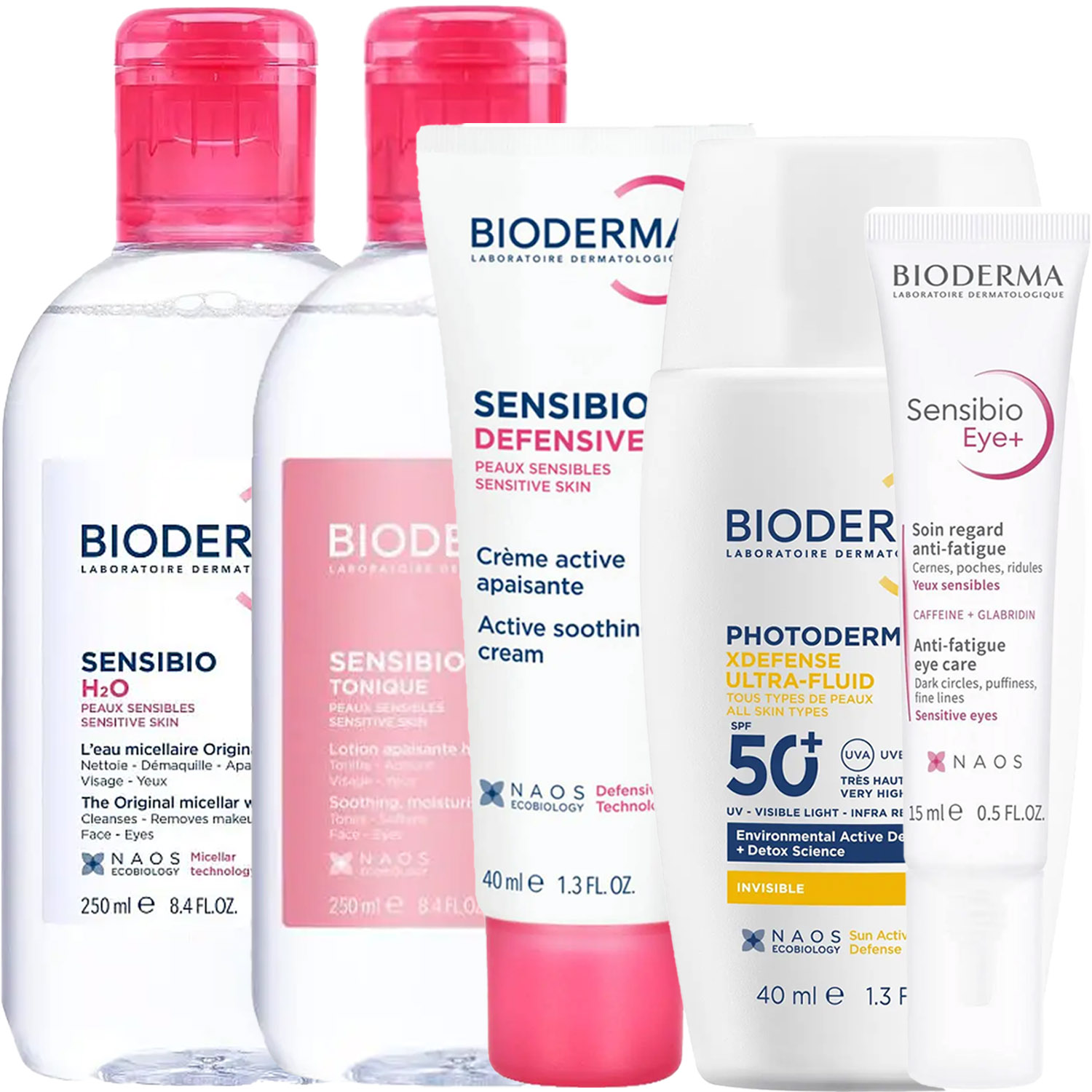 Биодерма Программа Sensibio комплексный уход: мицеллярная вода 250 мл + лосьон 250 мл + легкий крем 40 мл + гель для век 15 мл + флюид SPF50+ 40 мл (Bioderma, Sensibio) фото 5