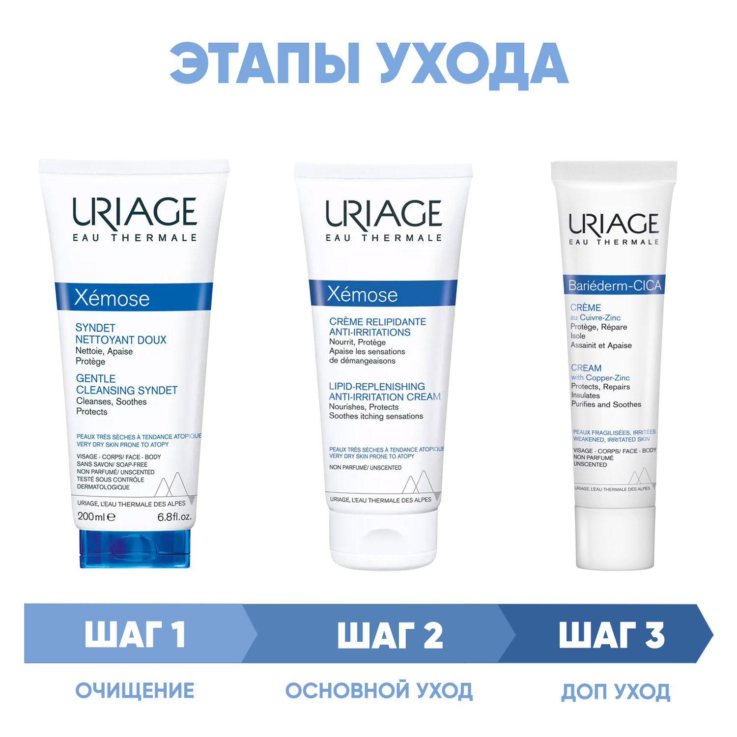 Урьяж Программа Xemose комплексный уход: гель 200 мл + крем 200 мл + цика-крем 40 мл (Uriage, Xemose) фото 1