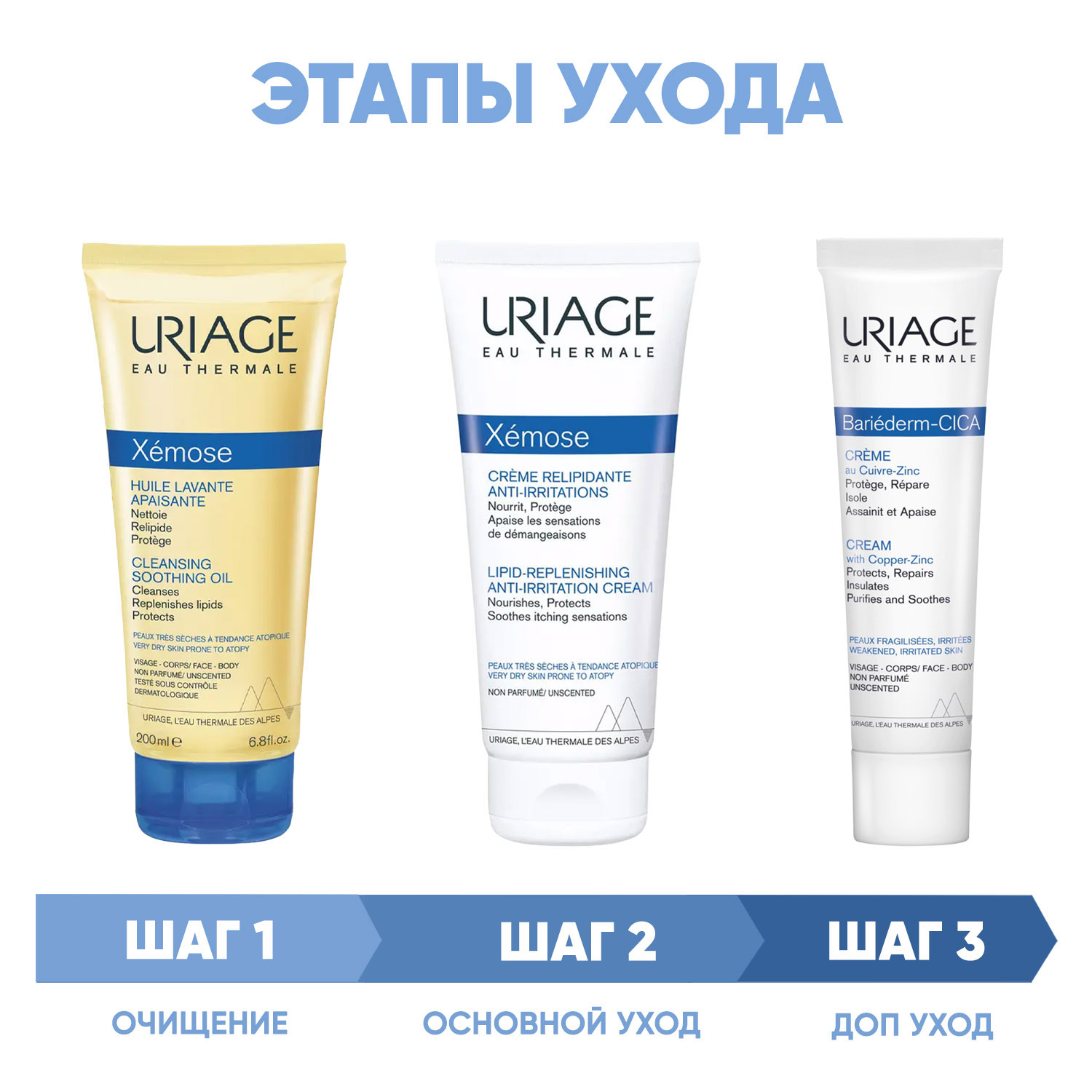 Урьяж Программа Xemose комплексный уход: масло 200 мл + крем 200 мл + цика-крем 40 мл (Uriage, Xemose) фото 1