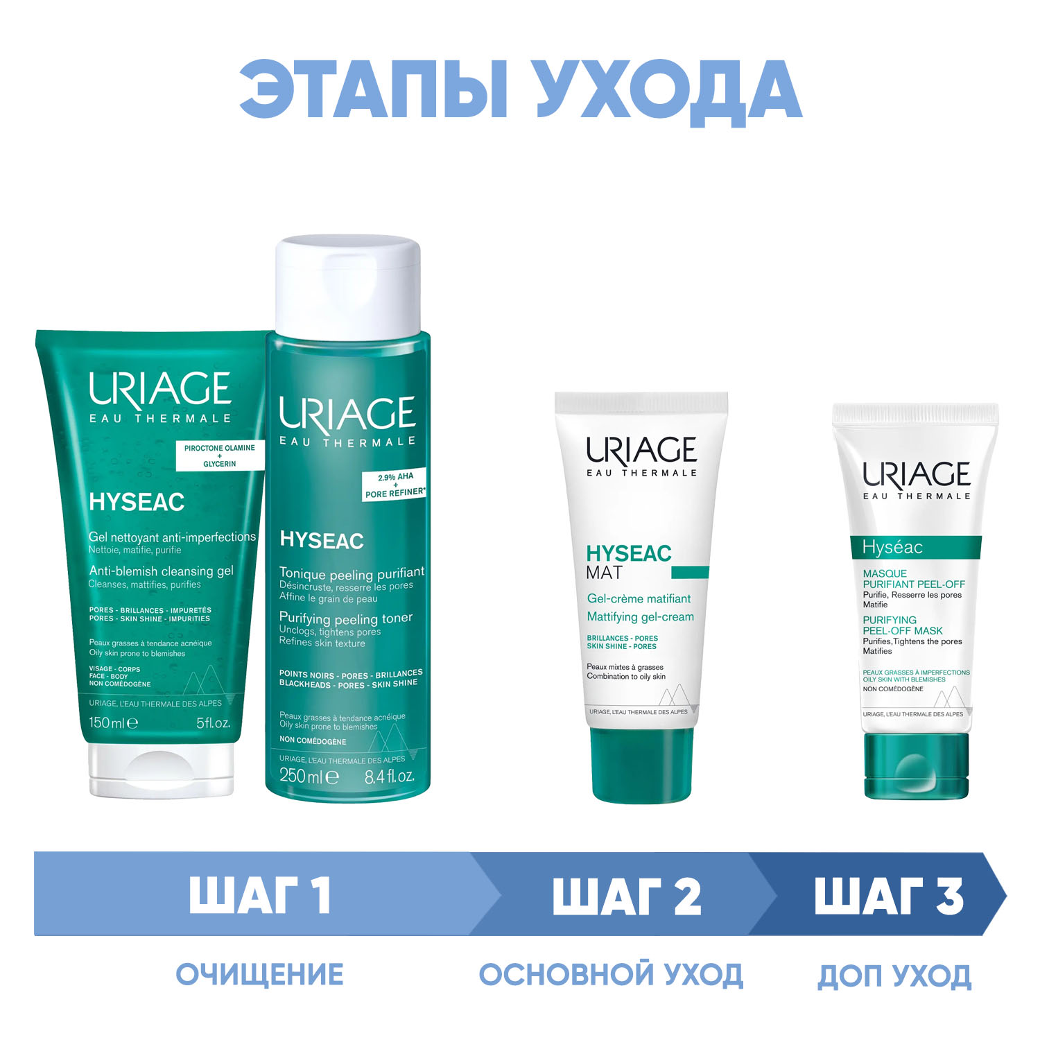 Урьяж Программа Hyseac комплексный уход: гель 150 мл + лосьон 250 мл + гель-крем 40 мл + маска-пленка 50 мл (Uriage, Hyseac) фото 1