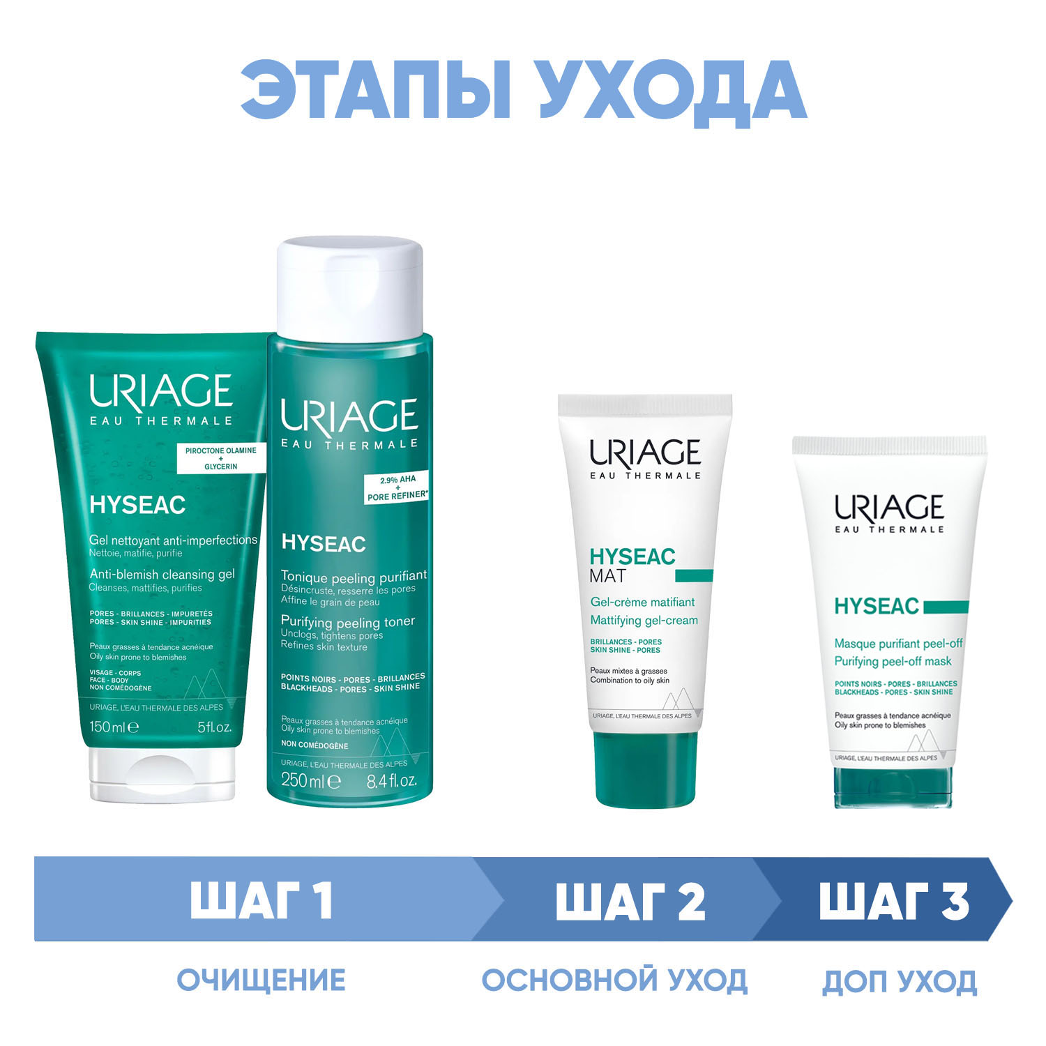 Урьяж Программа Hyseac комплексный уход: гель 150 мл + лосьон 250 мл + гель-крем 40 мл + маска-пленка 50 мл (Uriage, Hyseac) фото 1