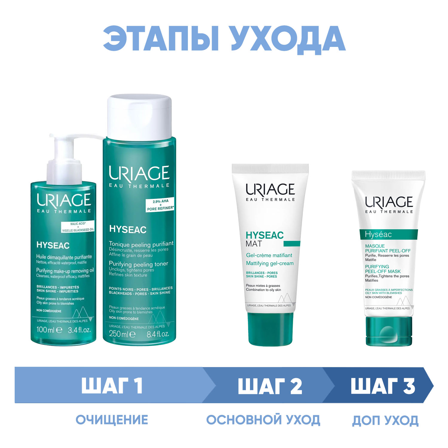 Урьяж Программа Hyseac комплексный уход: масло 100 мл + лосьон 250 мл + гель-крем 40 мл + маска-пленка 50 мл (Uriage, Hyseac) фото 1