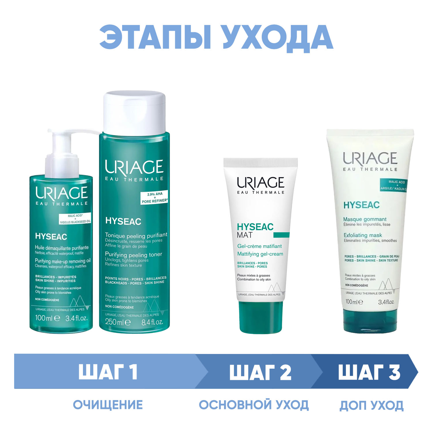 Урьяж Программа Hyseac комплексный уход: масло 100 мл + лосьон 250 мл + гель-крем 40 мл + маска 100 мл (Uriage, Hyseac) фото 1