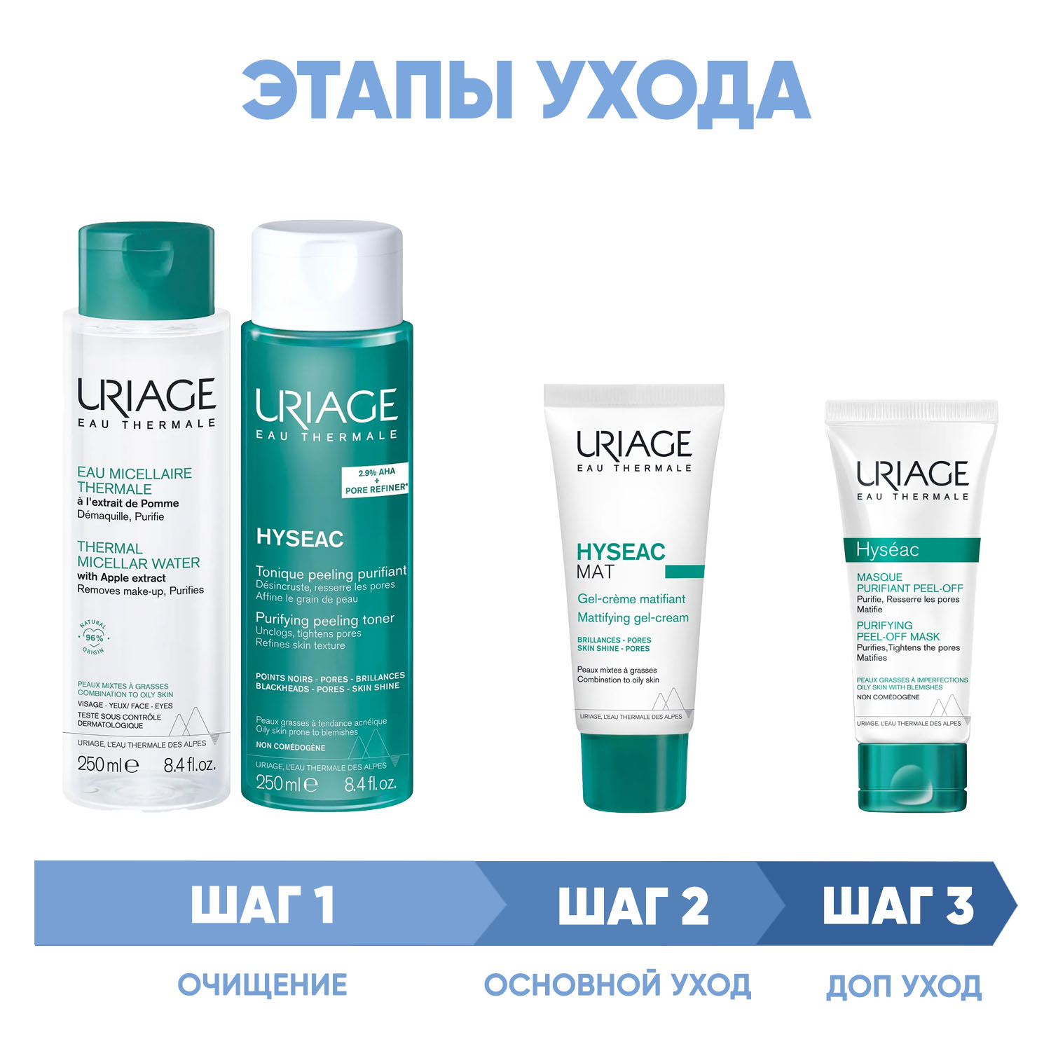 Урьяж Программа Hyseac комплексный уход: мицеллярная вода 250 мл + лосьон 250 мл + гель-крем 40 мл + маска-пленка 50 мл (Uriage, Hyseac) фото 1