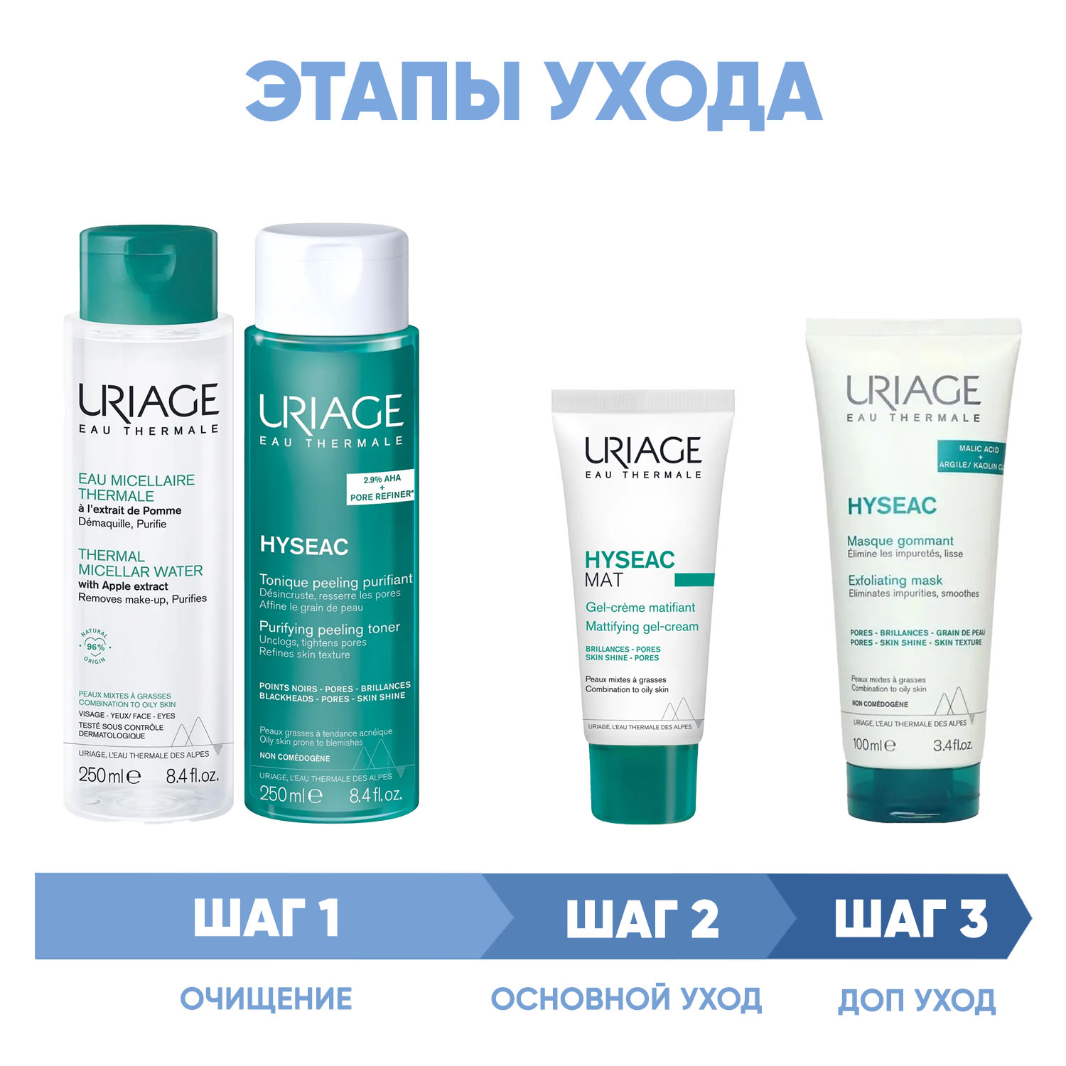 Урьяж Программа Hyseac комплексный уход: мицеллярная вода 250 мл + лосьон 250 мл + гель-крем 40 мл + маска 100 мл (Uriage, Hyseac) фото 1