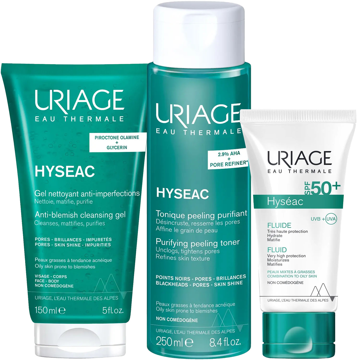 Урьяж Программа Hyseac очищение и основной уход: гель 150 мл + лосьон 250 мл + эмульсия SPF50 50 мл (Uriage, Hyseac) фото 5