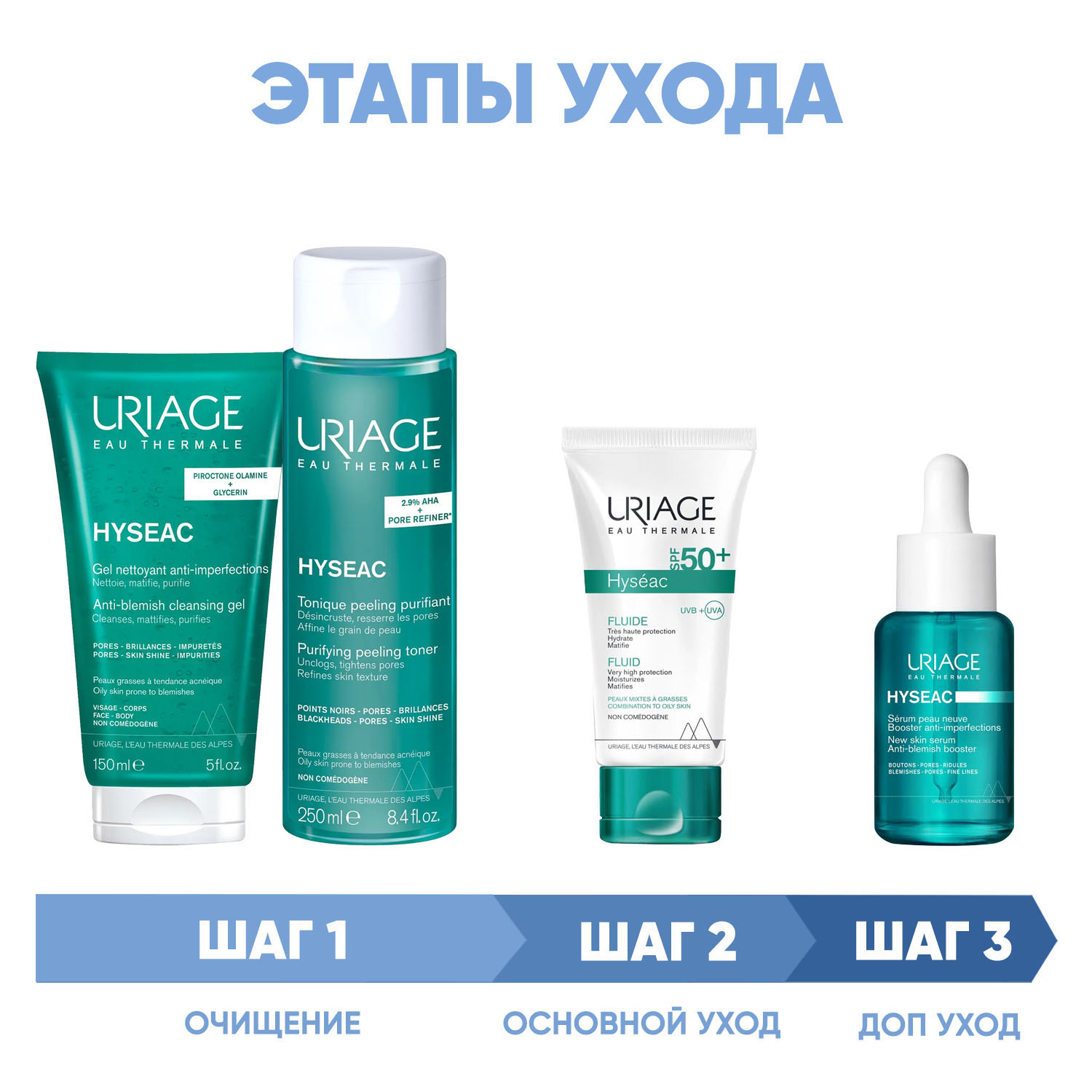 Урьяж Программа Hyseac комплексный уход: гель 150 мл + лосьон 250 мл + эмульсия SPF50 50 мл + сыворотка 30 мл (Uriage, Hyseac) фото 1
