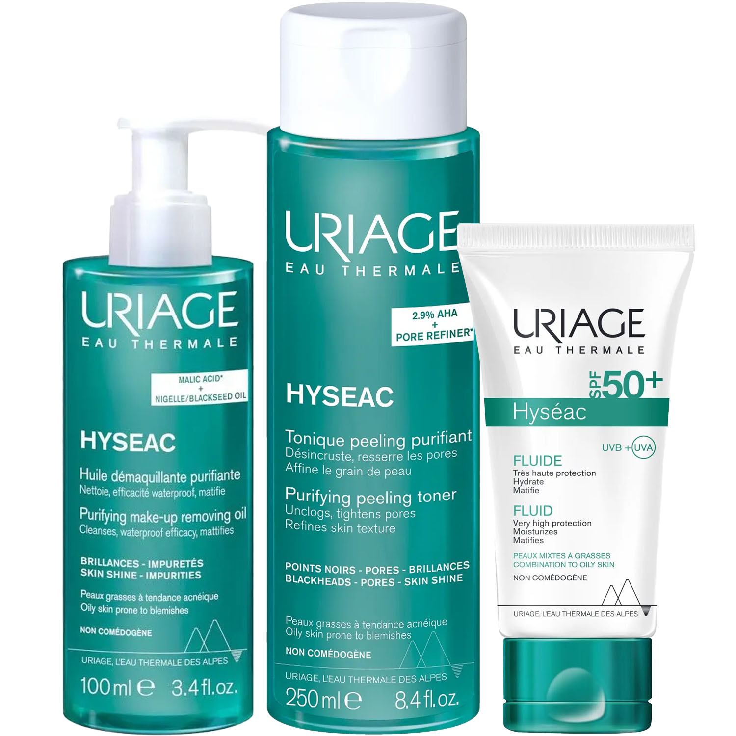 Урьяж Программа Hyseac очищение и основной уход: масло 100 мл + лосьон 250 мл + эмульсия SPF50 50 мл (Uriage, Hyseac) фото 5