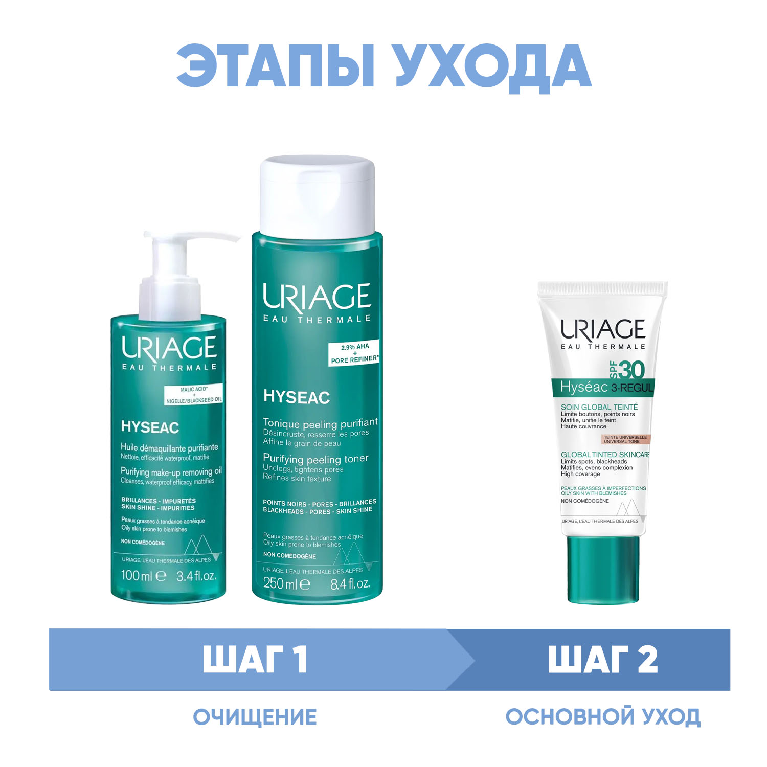 Урьяж Программа Hyseac очищение и основной уход: масло 100 мл + лосьон 250 мл + крем SPF30 40 мл (Uriage, Hyseac) фото 1