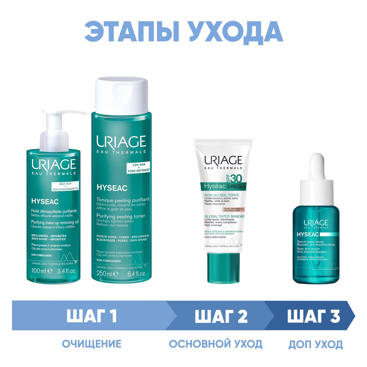 Урьяж Программа Hyseac комплексный уход: масло 100 мл + лосьон 250 мл + крем SPF30 40 мл + сыворотка 30 мл (Uriage, Hyseac) фото 1