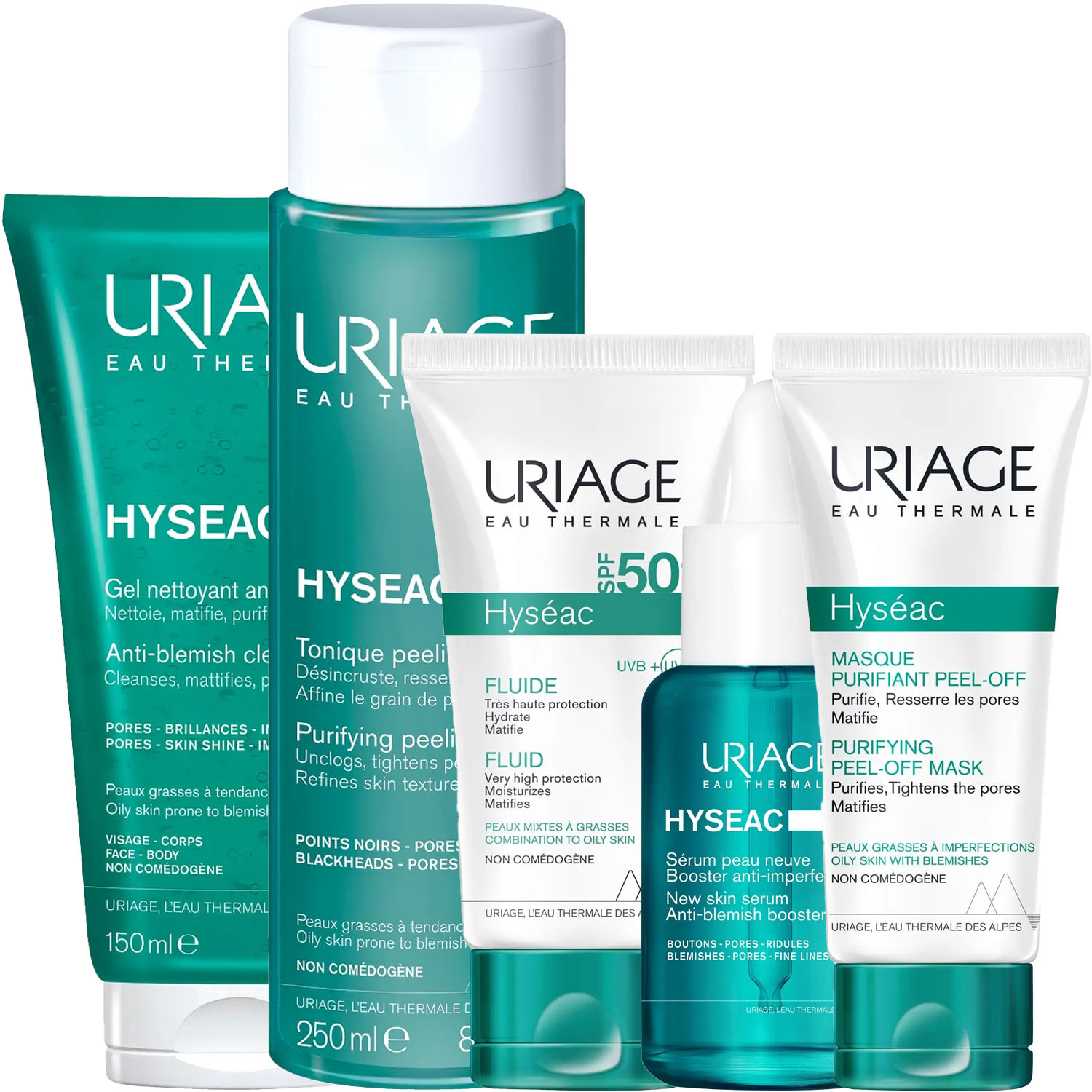 Урьяж Программа Hyseac комплексный уход: гель 150 мл + лосьон 250 мл + эмульсия SPF50 50 мл + сыворотка 30 мл + маска-пленка 50 мл (Uriage, Hyseac) фото 5