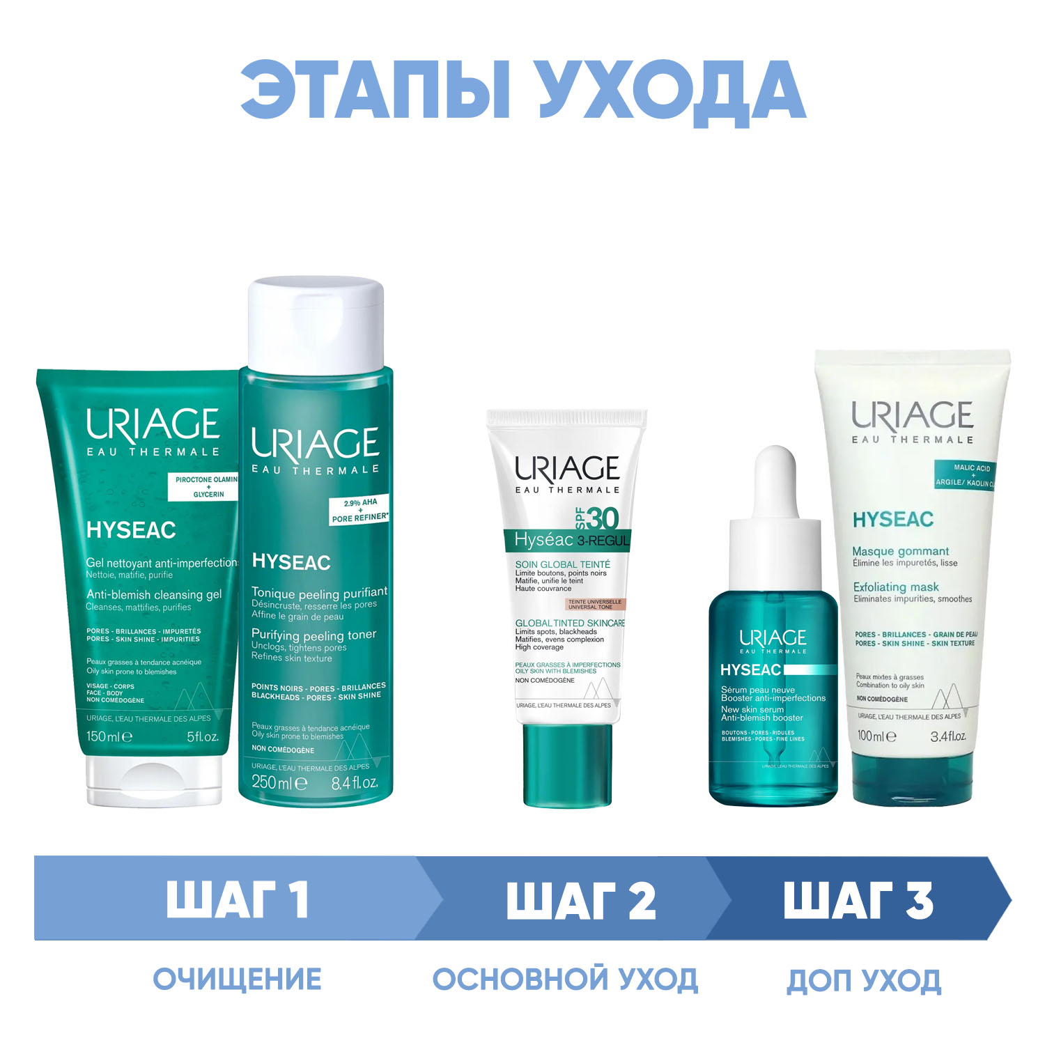 Урьяж Программа Hyseac комплексный уход: гель 150 мл + лосьон 250 мл + крем SPF30 40 мл + сыворотка 30 мл + маска 100 мл (Uriage, Hyseac) фото 1