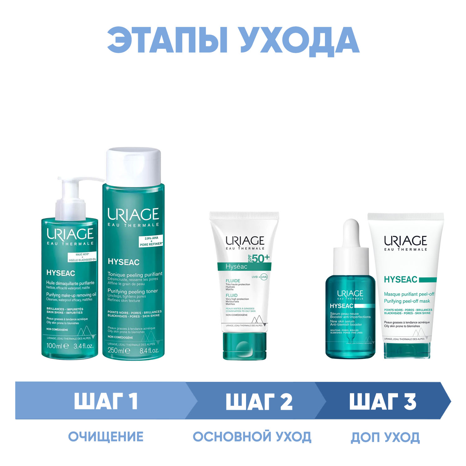 Урьяж Программа Hyseac комплексный уход: масло 100 мл + лосьон 250 мл + эмульсия SPF50 50 мл + сыворотка 30 мл + маска-пленка 50 мл (Uriage, Hyseac) фото 1