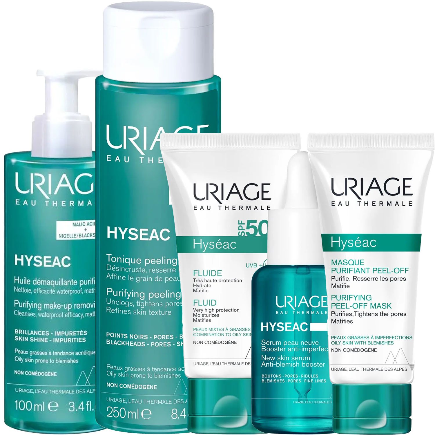 Урьяж Программа Hyseac комплексный уход: масло 100 мл + лосьон 250 мл + эмульсия SPF50 50 мл + сыворотка 30 мл + маска-пленка 50 мл (Uriage, Hyseac) фото 5