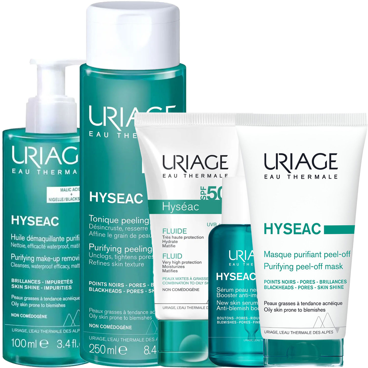 Урьяж Программа Hyseac комплексный уход: масло 100 мл + лосьон 250 мл + эмульсия SPF50 50 мл + сыворотка 30 мл + маска-пленка 50 мл (Uriage, Hyseac) фото 5