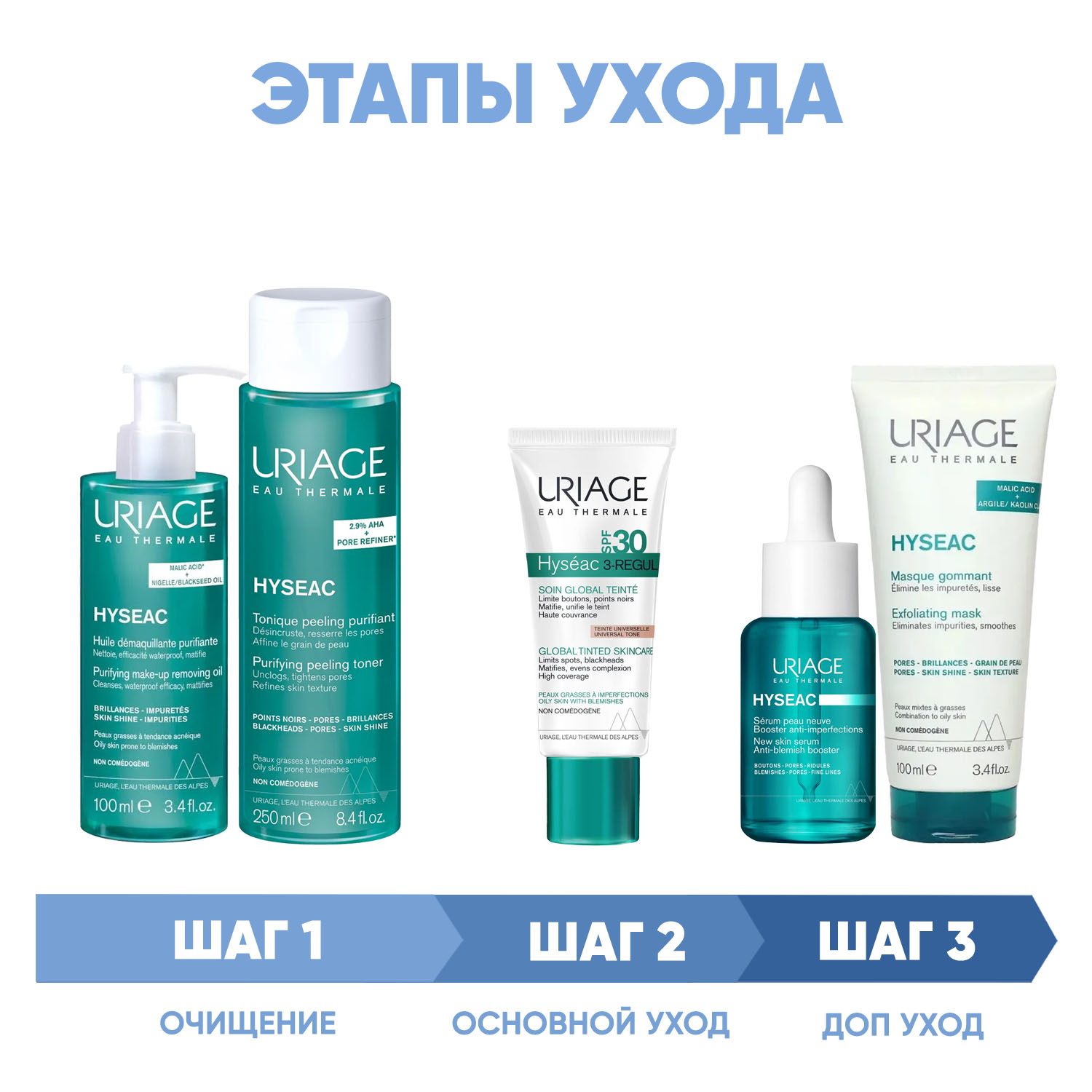 Урьяж Программа Hyseac комплексный уход: масло 100 мл + лосьон 250 мл + крем SPF30 40 мл + сыворотка 30 мл + маска 100 мл (Uriage, Hyseac) фото 1