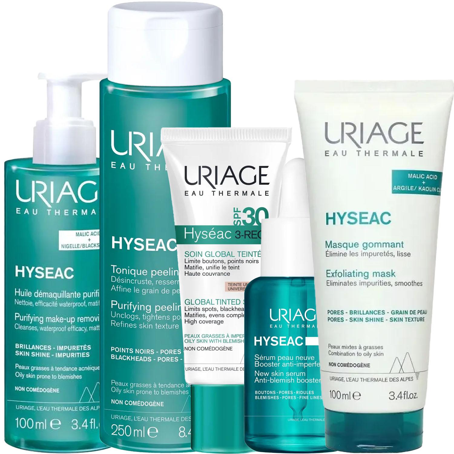 Урьяж Программа Hyseac комплексный уход: масло 100 мл + лосьон 250 мл + крем SPF30 40 мл + сыворотка 30 мл + маска 100 мл (Uriage, Hyseac) фото 5