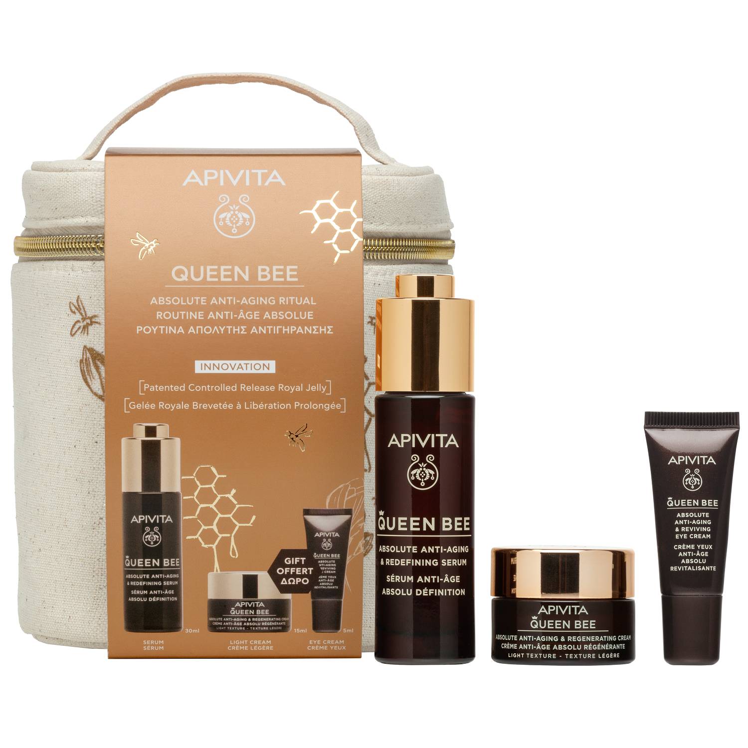Апивита Набор Anti-Aging: сыворотка 30 мл + крем легкий 15 мл + крем для век 5 мл (Apivita, Queen Bee) фото 0