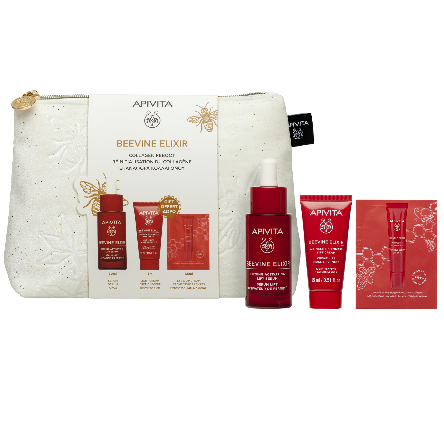 Апивита Набор для лица: сыворотка 30 мл + крем легкий 15 мл + крем для век 1,5 мл (Apivita, Beevine Elixir) фото 0