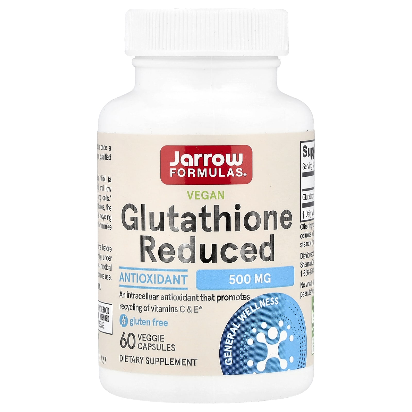 Глутатион Glutathione Reduced 500 мг, 60 капсул (JARROW, Общая поддержка организма) фото 0
