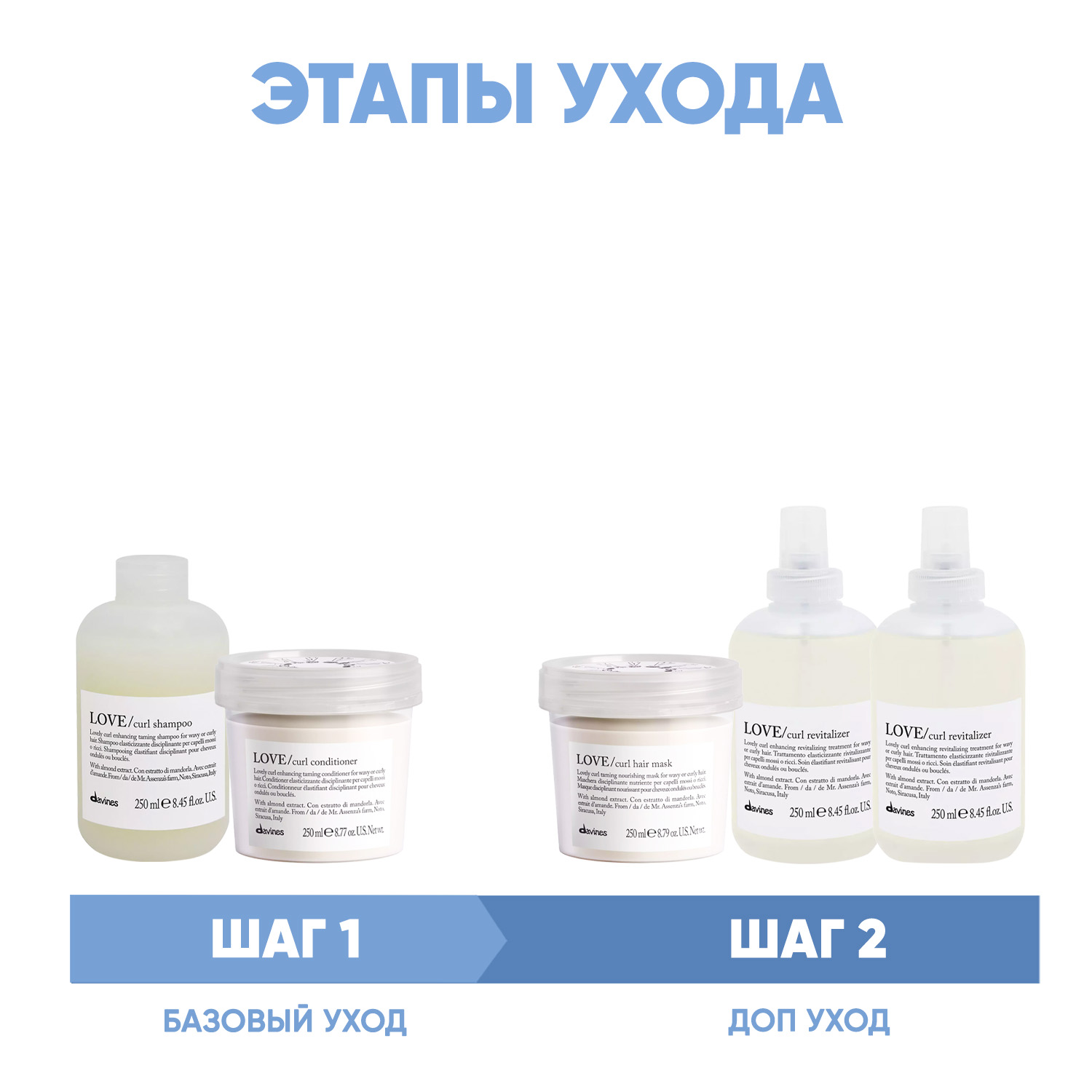 Давинес Программа Love Curl комплексный уход: шампунь 250 мл + кондиционер 250 мл + маска 250 мл + праймер 150 мл + ревиталайзер 250 мл (Davines, Essential Haircare) фото 1