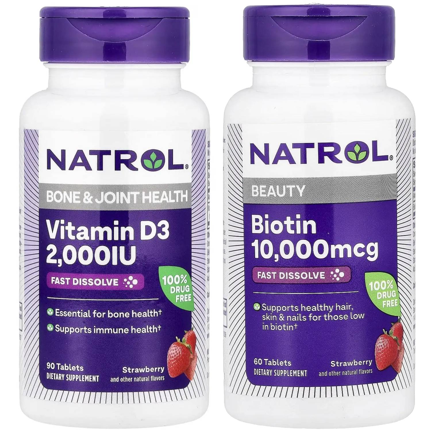 Натрол Набор Fast Dissolve со вкусом клубники: витамин D3 2,000 IU 90 таблеток + биотин 60 таблеток х 10000 мкг (Natrol, Витамины) фото 0