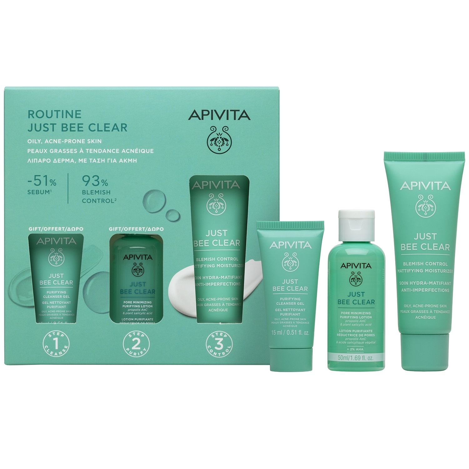 Апивита Набор для лица: гель 15 мл + лосьон 50 мл + уход 40 мл (Apivita, Just Bee Clear) фото 0