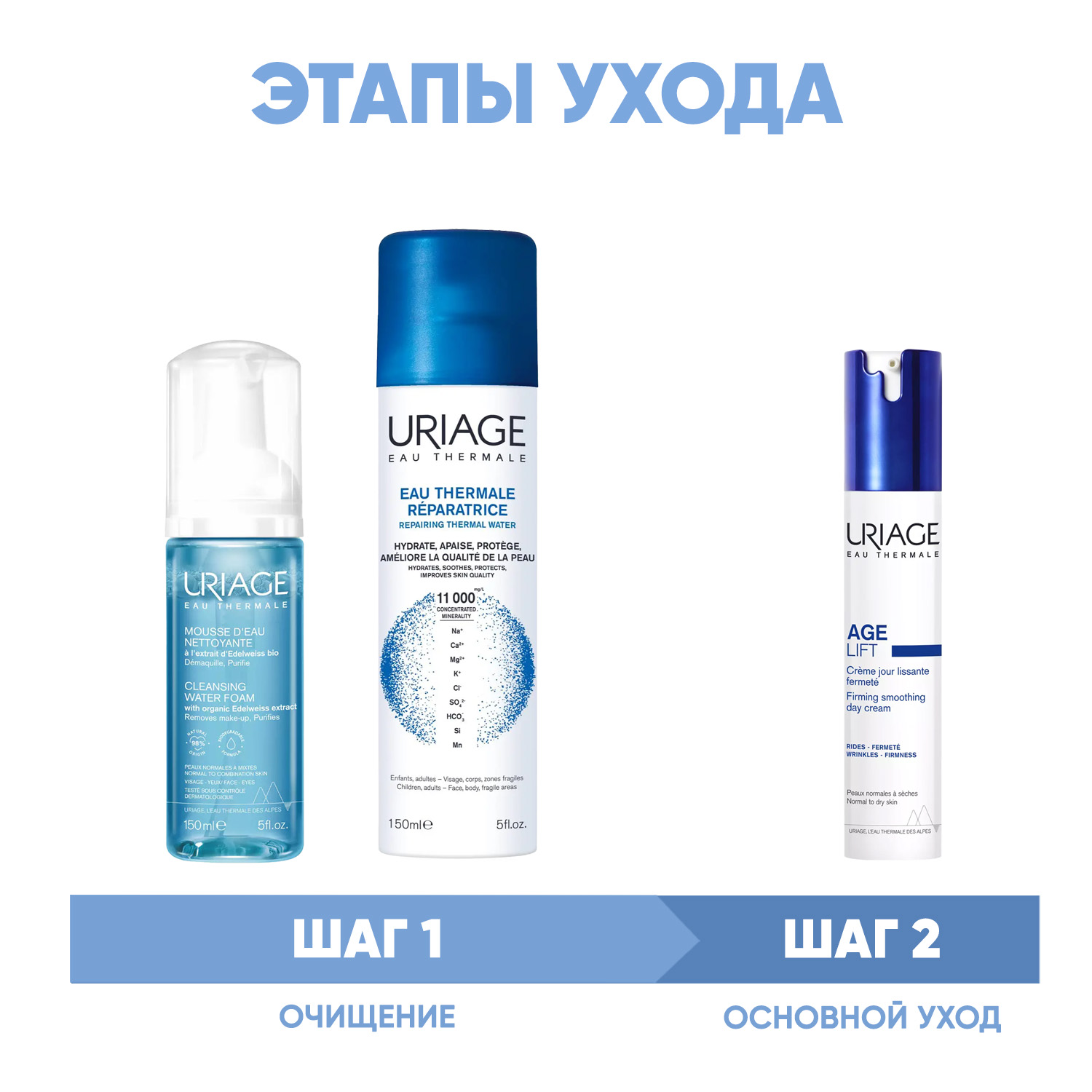 Урьяж Программа Age Lift очищение и основной уход: мусс 150 мл + термальная вода 150 мл + крем 40 мл (Uriage, Age Lift) фото 1