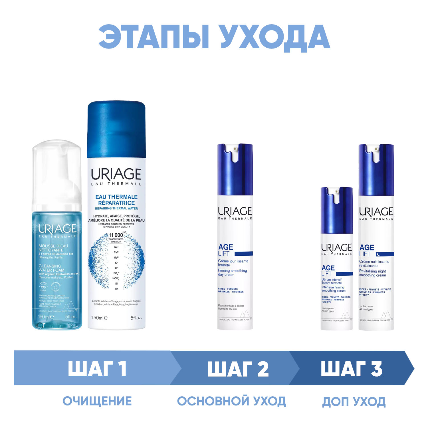 Урьяж Программа Age Lift комплексный уход: мусс 150 мл + термальная вода 150 мл + крем день 40 мл + сыворотка 30 мл + крем ночь 40 мл (Uriage, Age Lift) фото 1