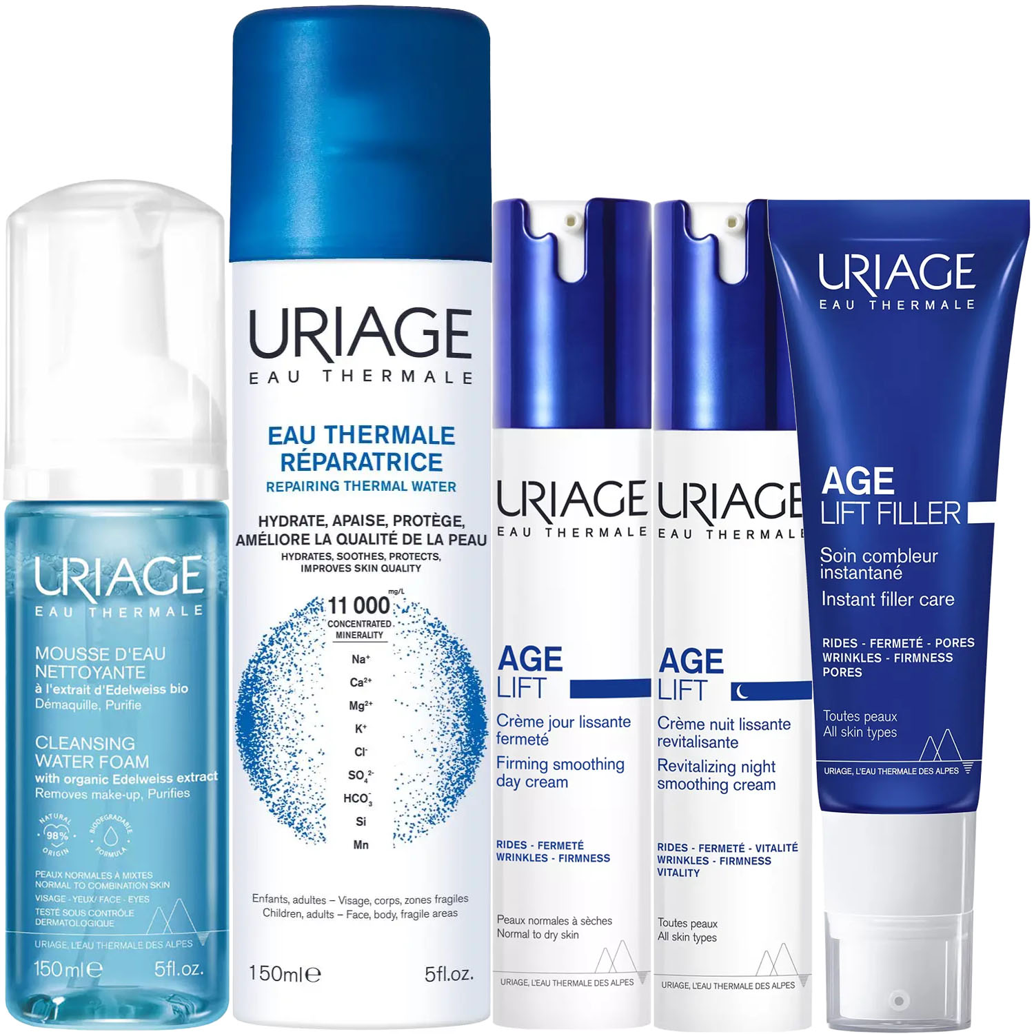 Урьяж Программа Age Lift комплексный уход: мусс 150 мл + термальная вода 150 мл + крем день 40 мл + филлер 30 мл + крем ночь 40 мл (Uriage, Age Lift) фото 5