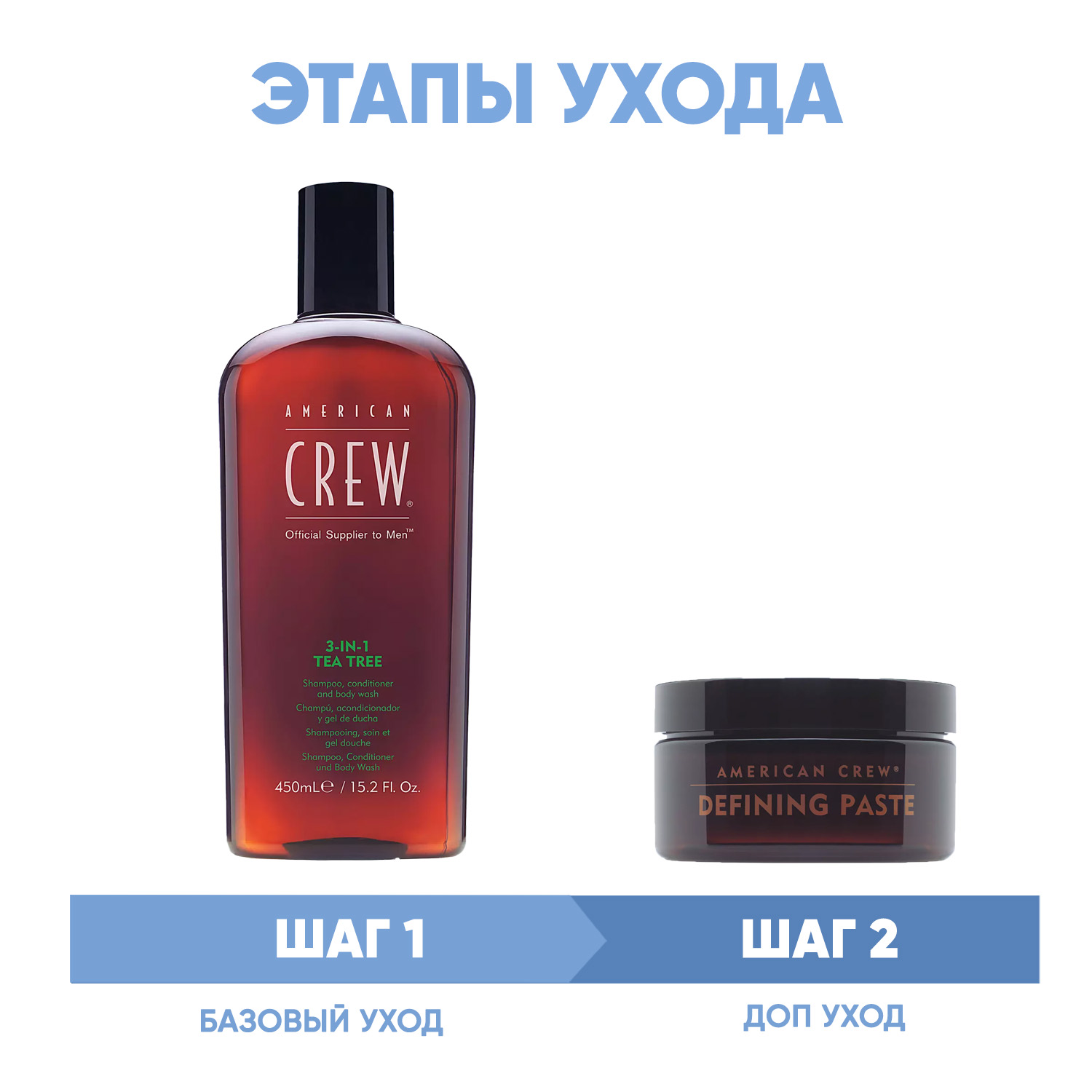 Американ Крю Программа Men комплексный уход: средство 3в1 450 мл + паста для укладки 85 г (American Crew, Hair&Body) фото 1