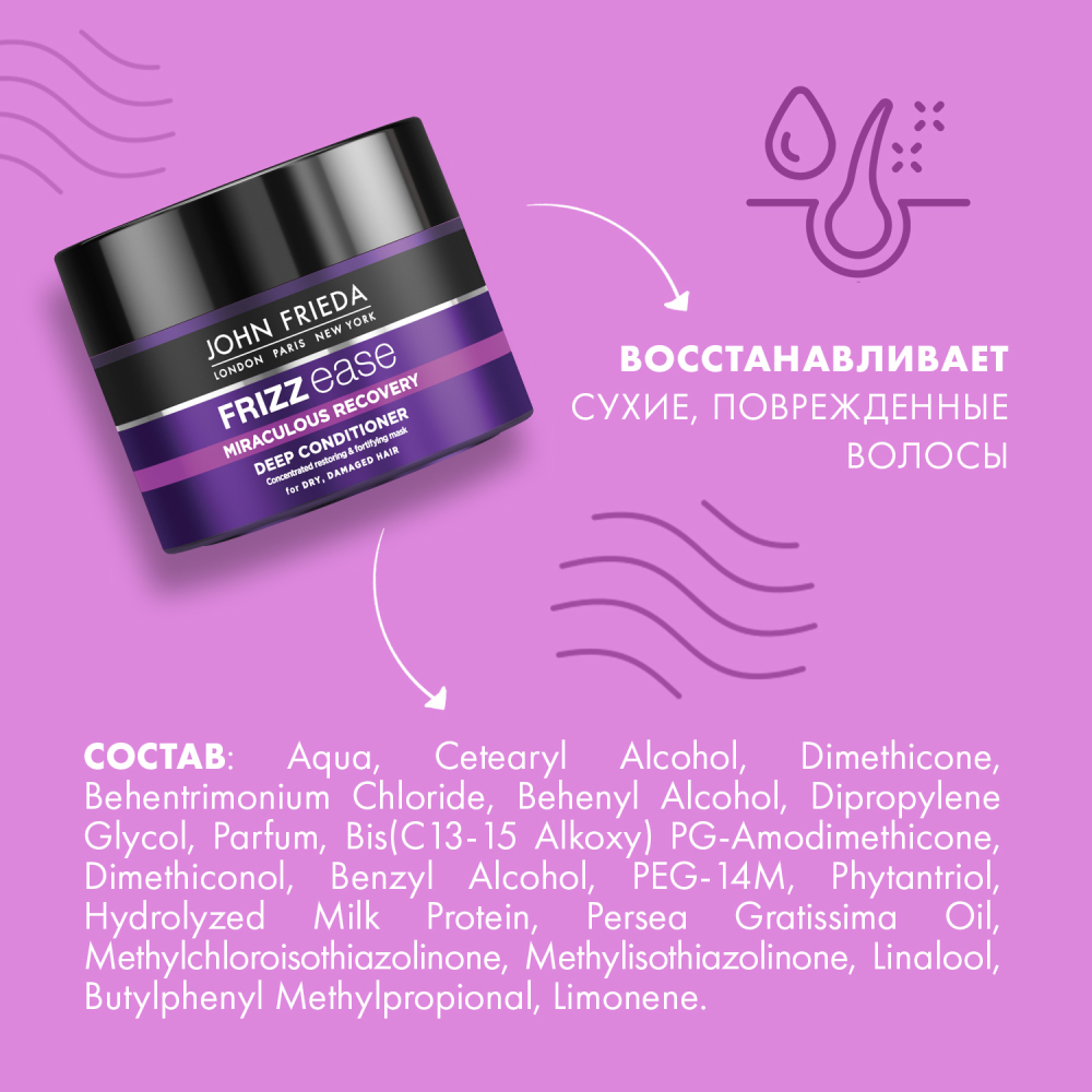 Джон Фрида Интенсивная маска для ухода за непослушными волосами Miraculous Recovery Intensive Masque, 250 мл (John Frieda, Frizz Ease) фото 8