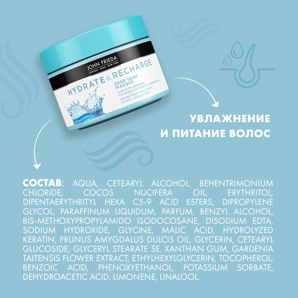 Джон Фрида Маска для увлажнения и питания волос 250 мл (John Frieda, Hydrate&Recharge) фото 11