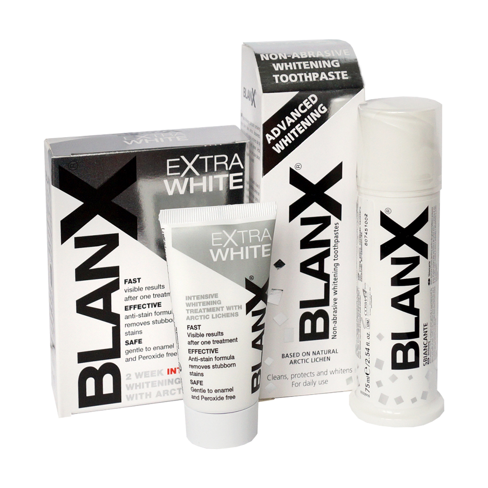 Бланкс Курсовое отбеливание: Отбеливающая зубная паста BlanX Extra White, 50 мл + Отбеливающая зубная паста BlanX Advanced Whitening, 75 мл (Blanx, Зубные пасты Blanx) фото 0
