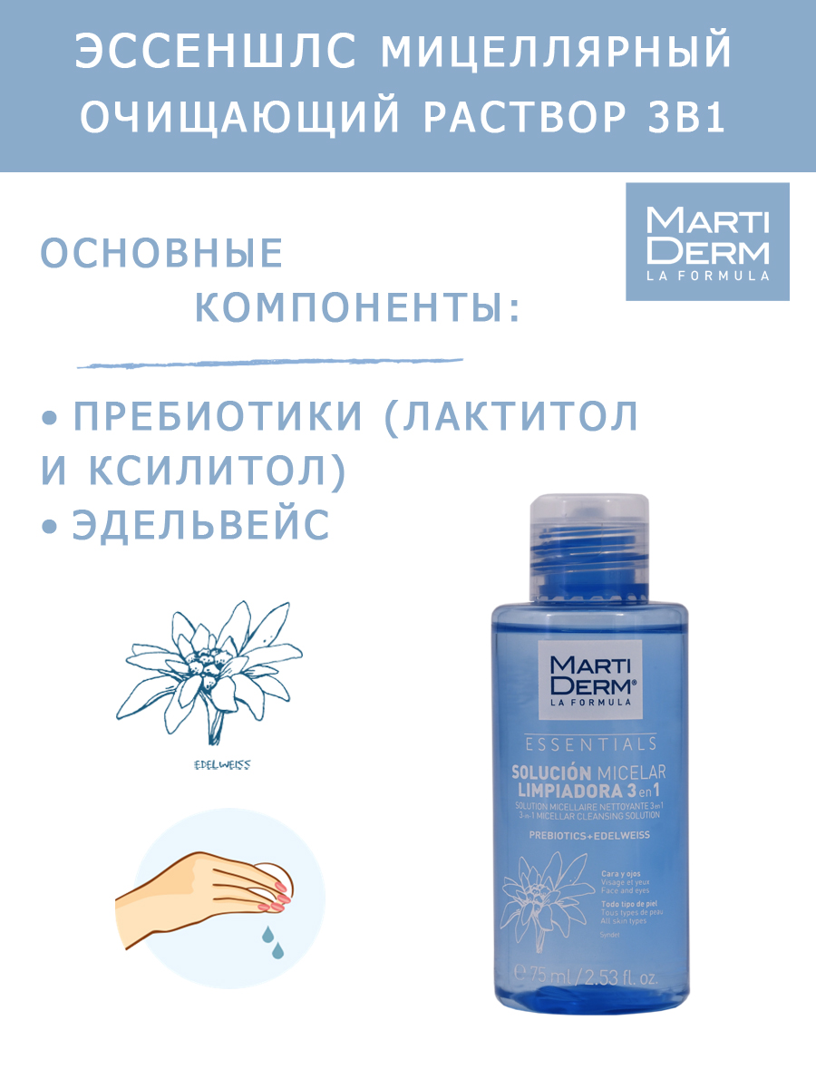 Мартидерм Мицеллярный очищающий раствор 3в1, 75 мл (Martiderm, Essentials) Мартидерм Мицеллярный очищающий раствор 3в1, 75 мл (Martiderm, Essentials) фото 2