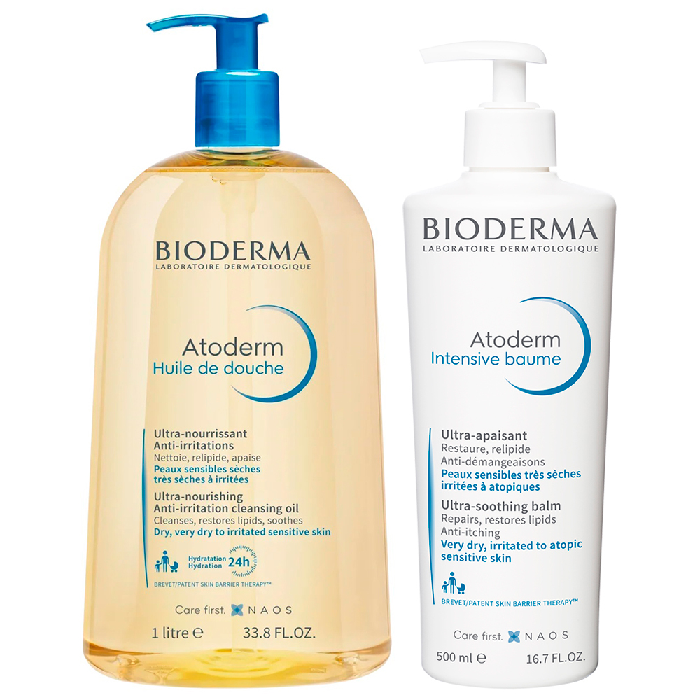 Bioderma Набор: бальзам Intensive 500 мл + масло для душа 1 л (Bioderma, Atoderm) bioderma набор intensive бальзам 500 мл очищающий гель 500 мл bioderma atoderm