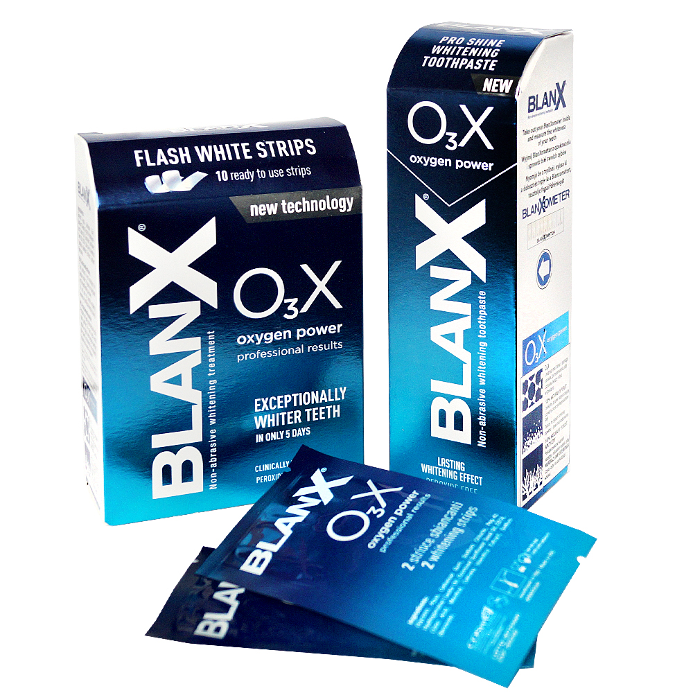 Бланкс Отбеливающий комплекс BlanX ОзХ: Отбеливающая зубная паста BlanX О3Х, 75 мл + Отбеливающие полоски BlanX O3X Сила Кислорода (Blanx, Зубные пасты Blanx) фото 0